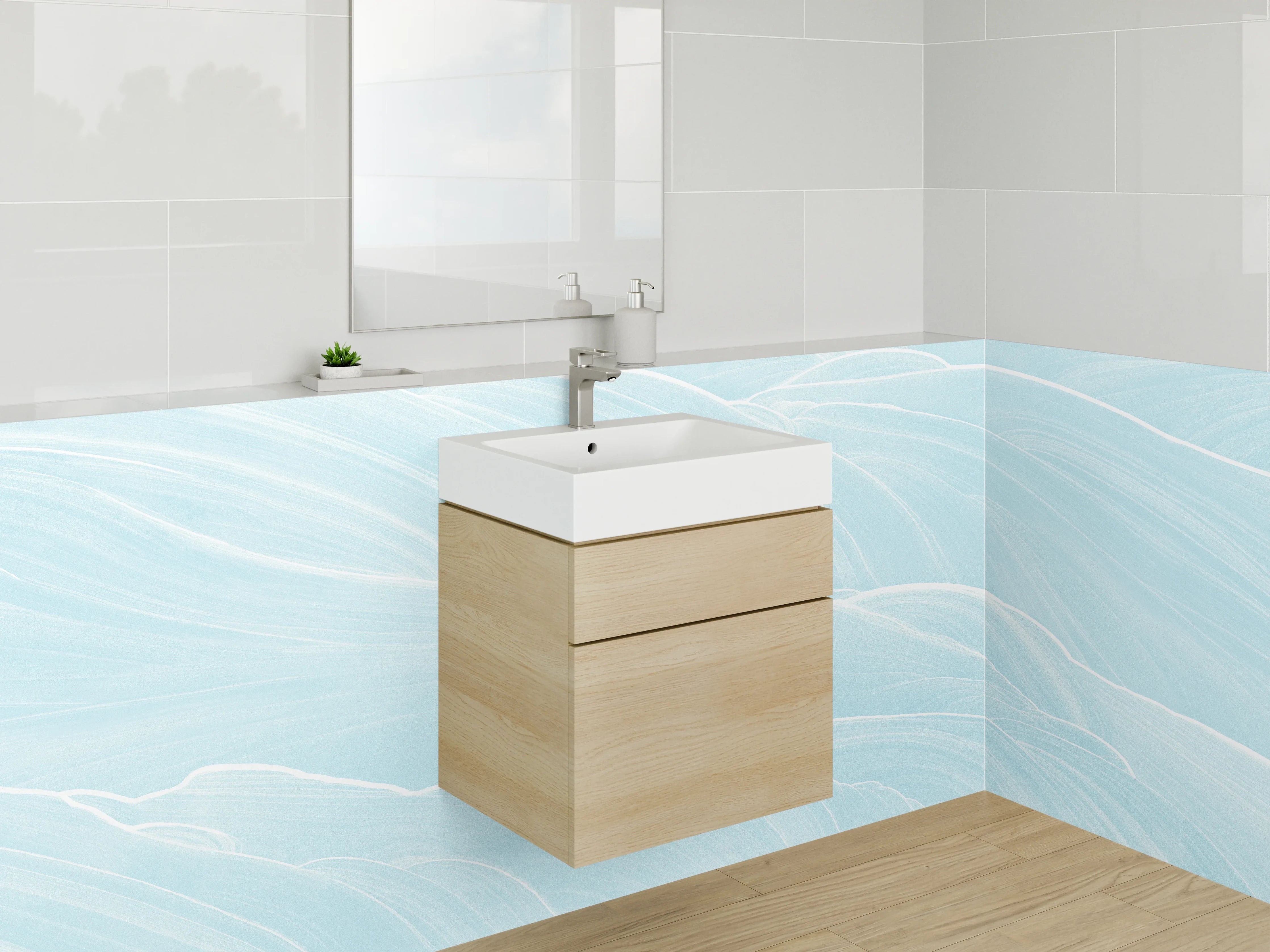 Waschbecken-Rückwand - Sanfte Wellen in Eisblau Optik