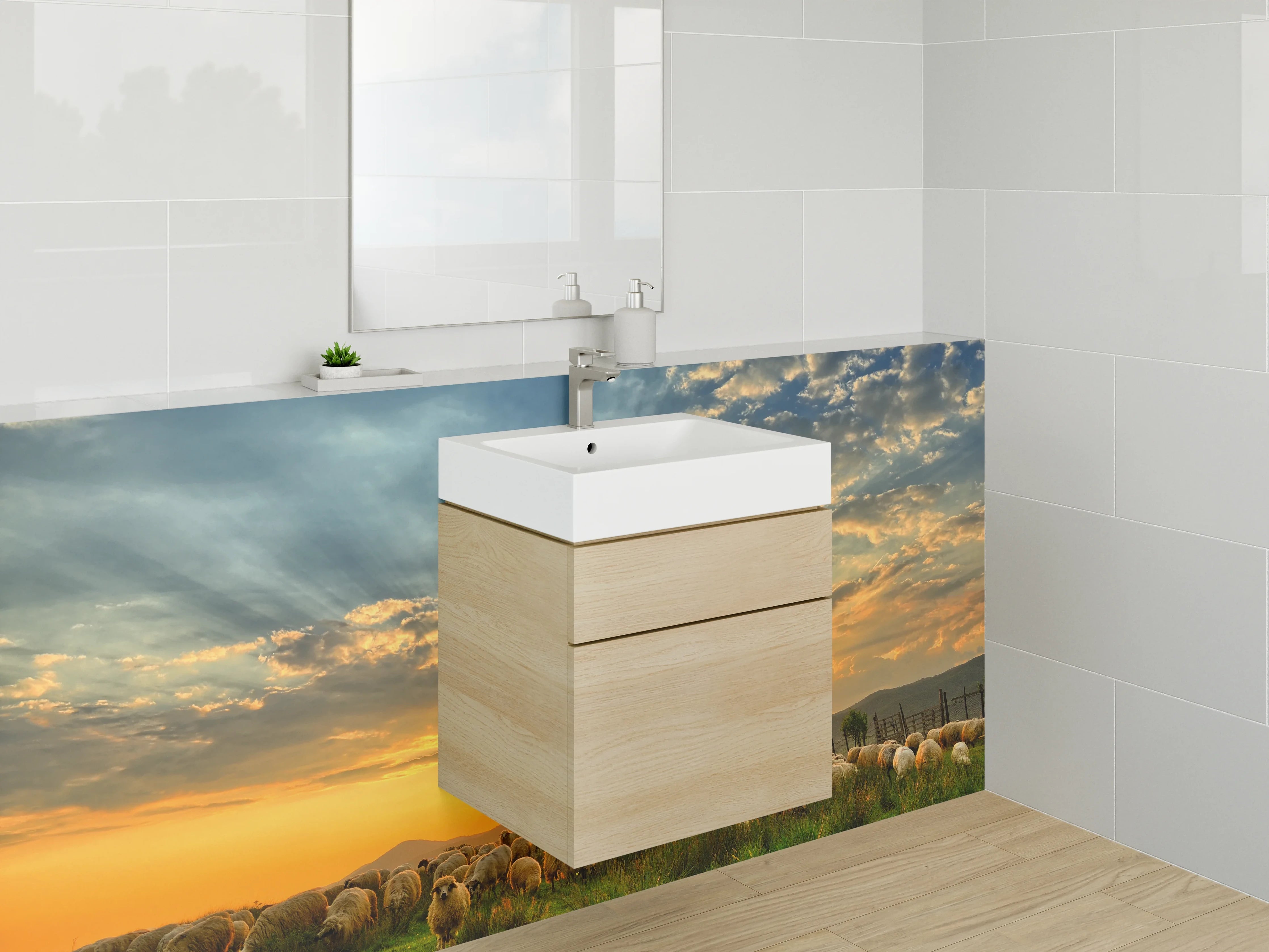 Waschbecken-Rückwand - Schafherde bei Sonnenuntergang Naturidyll