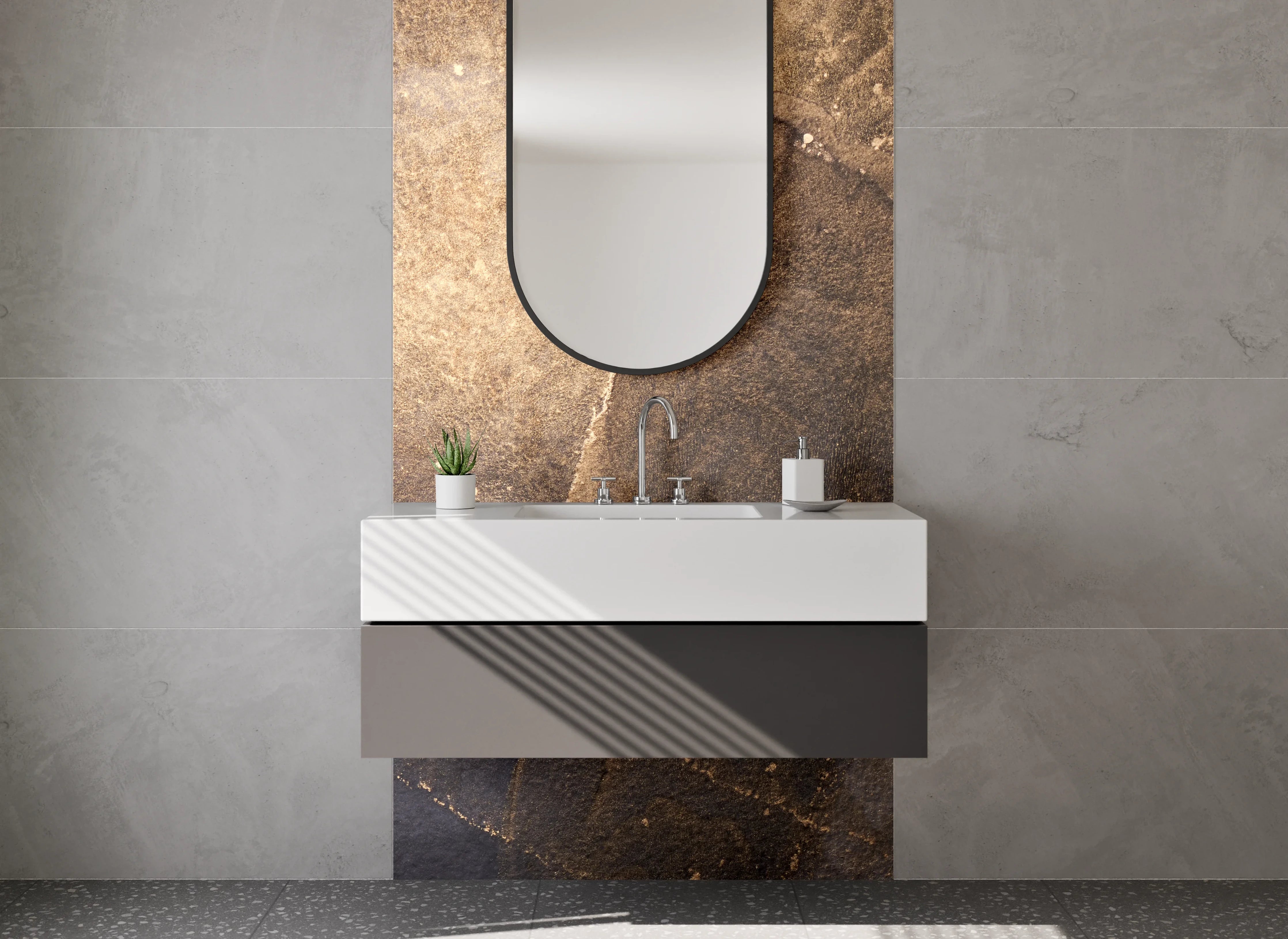 Waschbecken-Rückwand - Schiefer-Optik in Gold und Grau