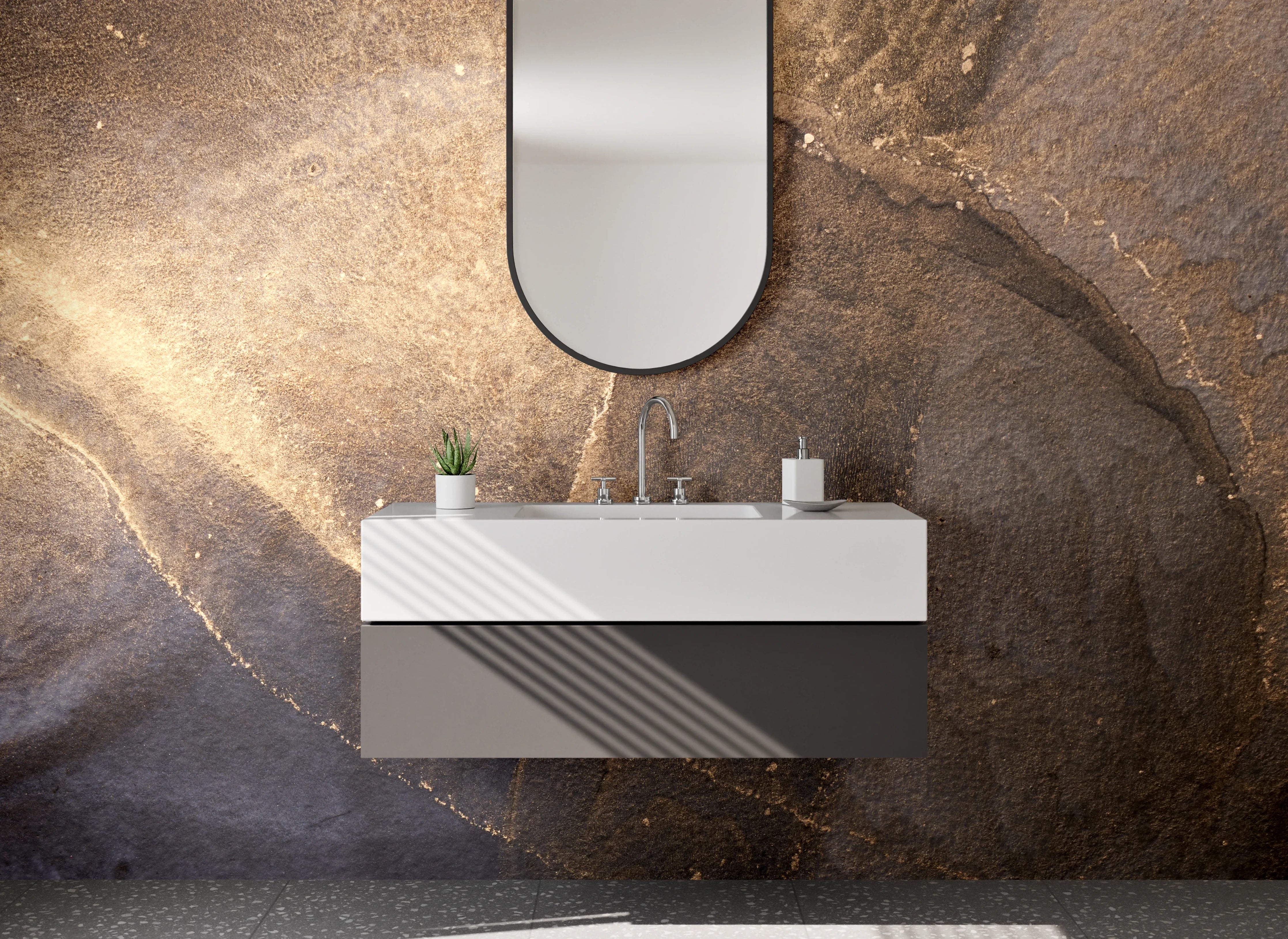 Waschbecken-Rückwand - Schiefer-Optik in Gold und Grau