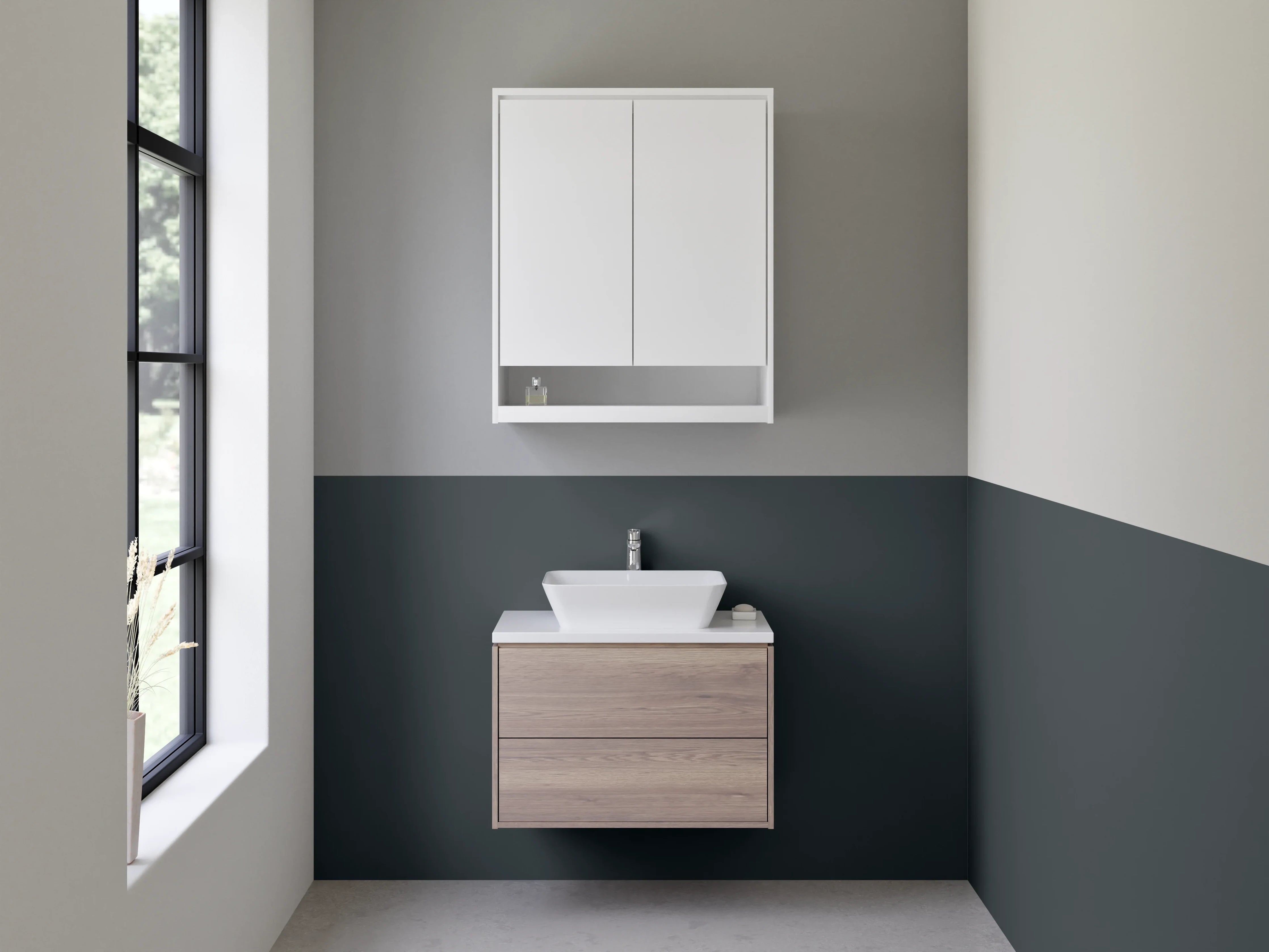 Waschbecken-Rückwand - Schiefergrauer Hauch auf weißen Formen