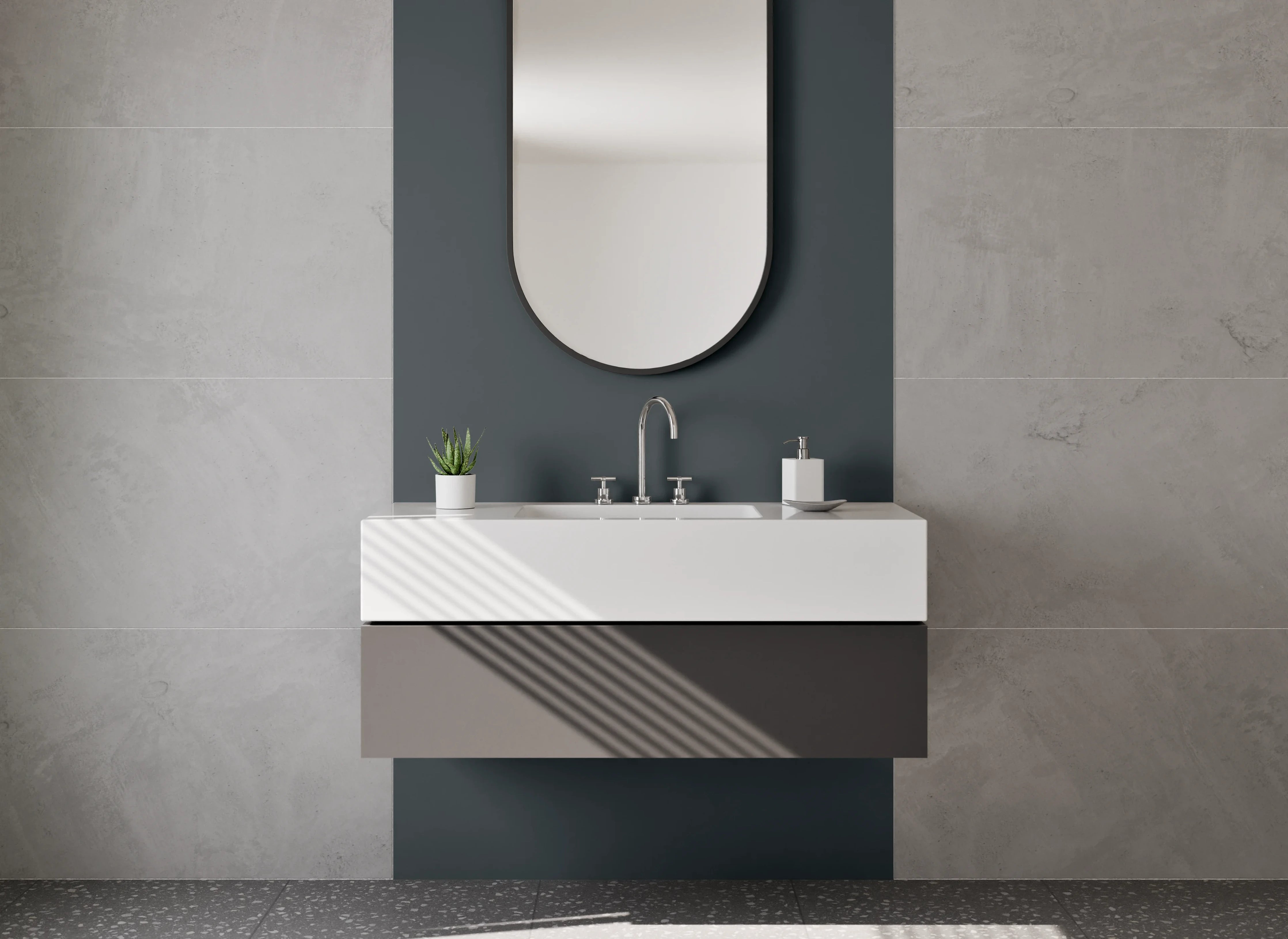 Waschbecken-Rückwand - Schiefergrauer Hauch auf weißen Formen