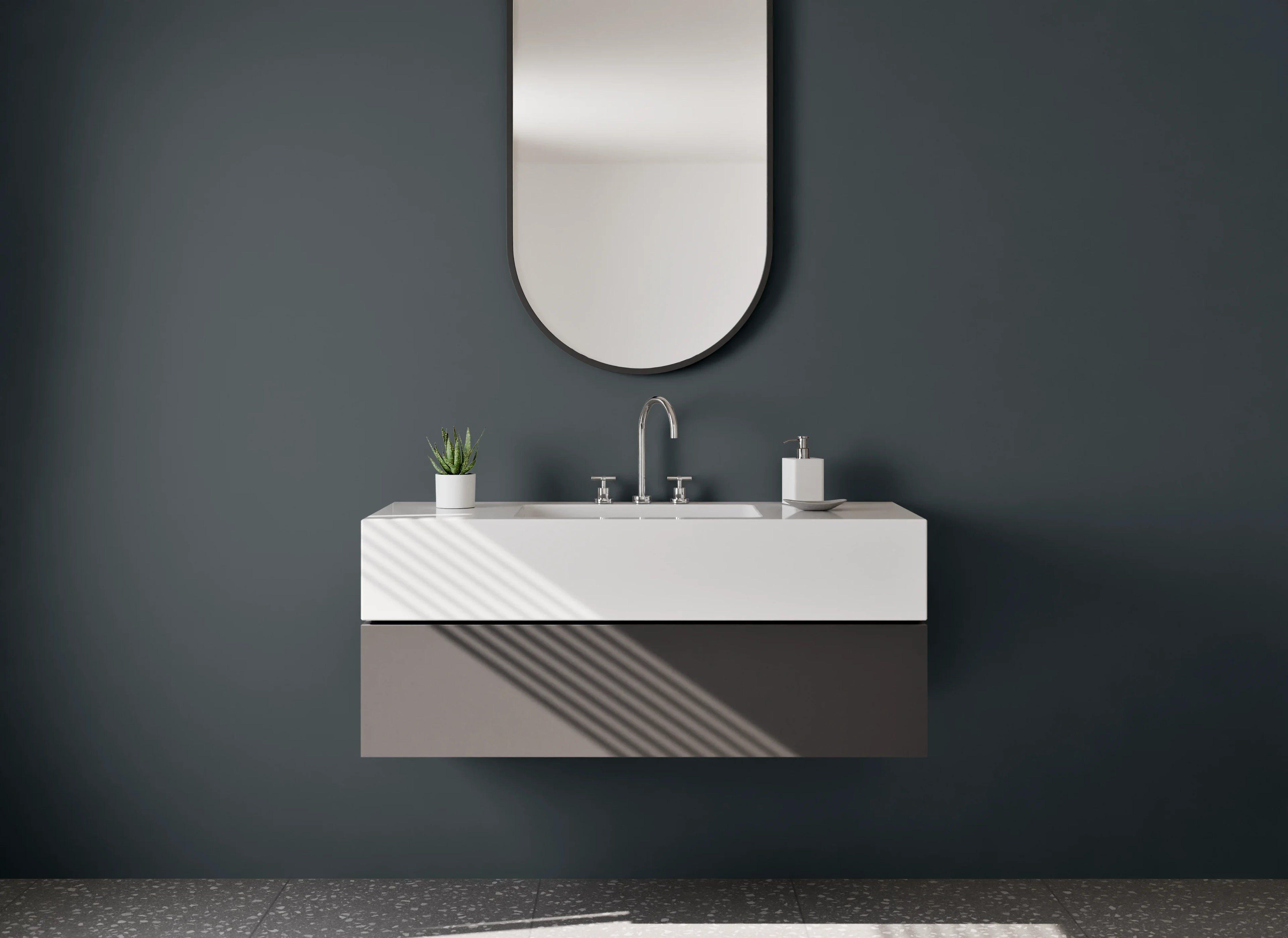 Waschbecken-Rückwand - Schiefergrauer Hauch auf weißen Formen