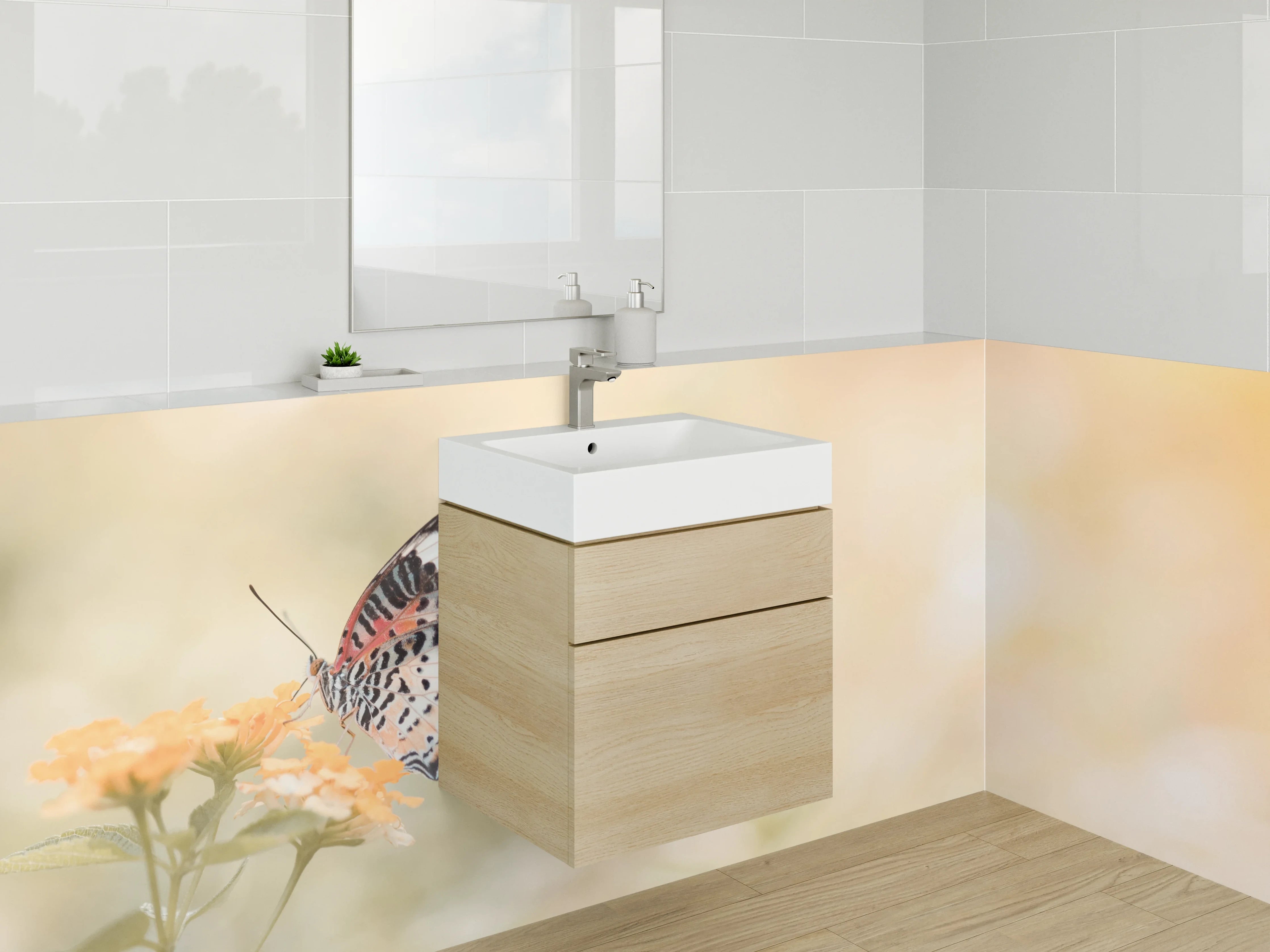 Waschbecken-Rückwand - Schmetterling auf Blüte – Naturmotiv