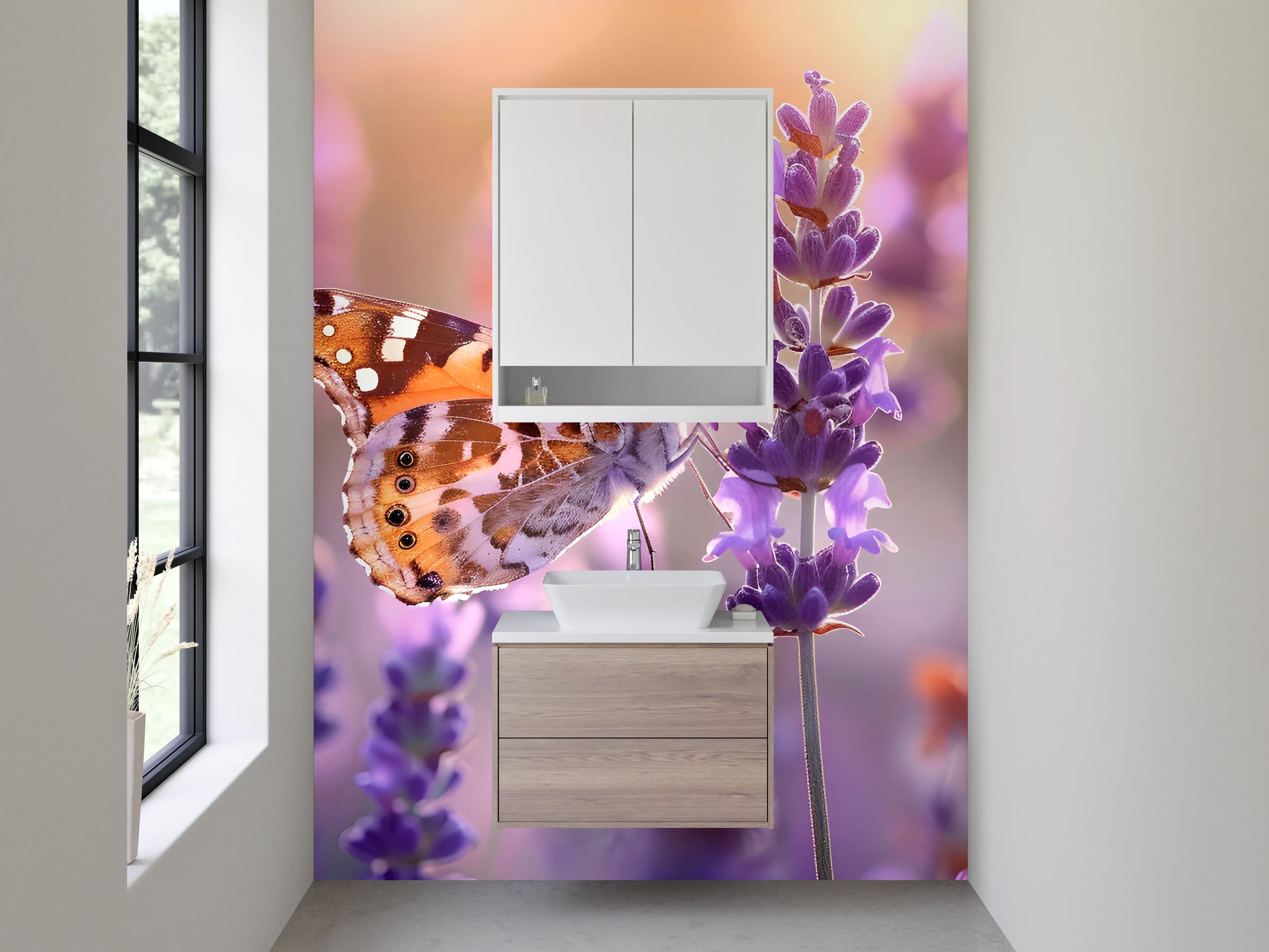 Waschbecken-Rückwand - Schmetterling auf Lavendel – Naturidylle