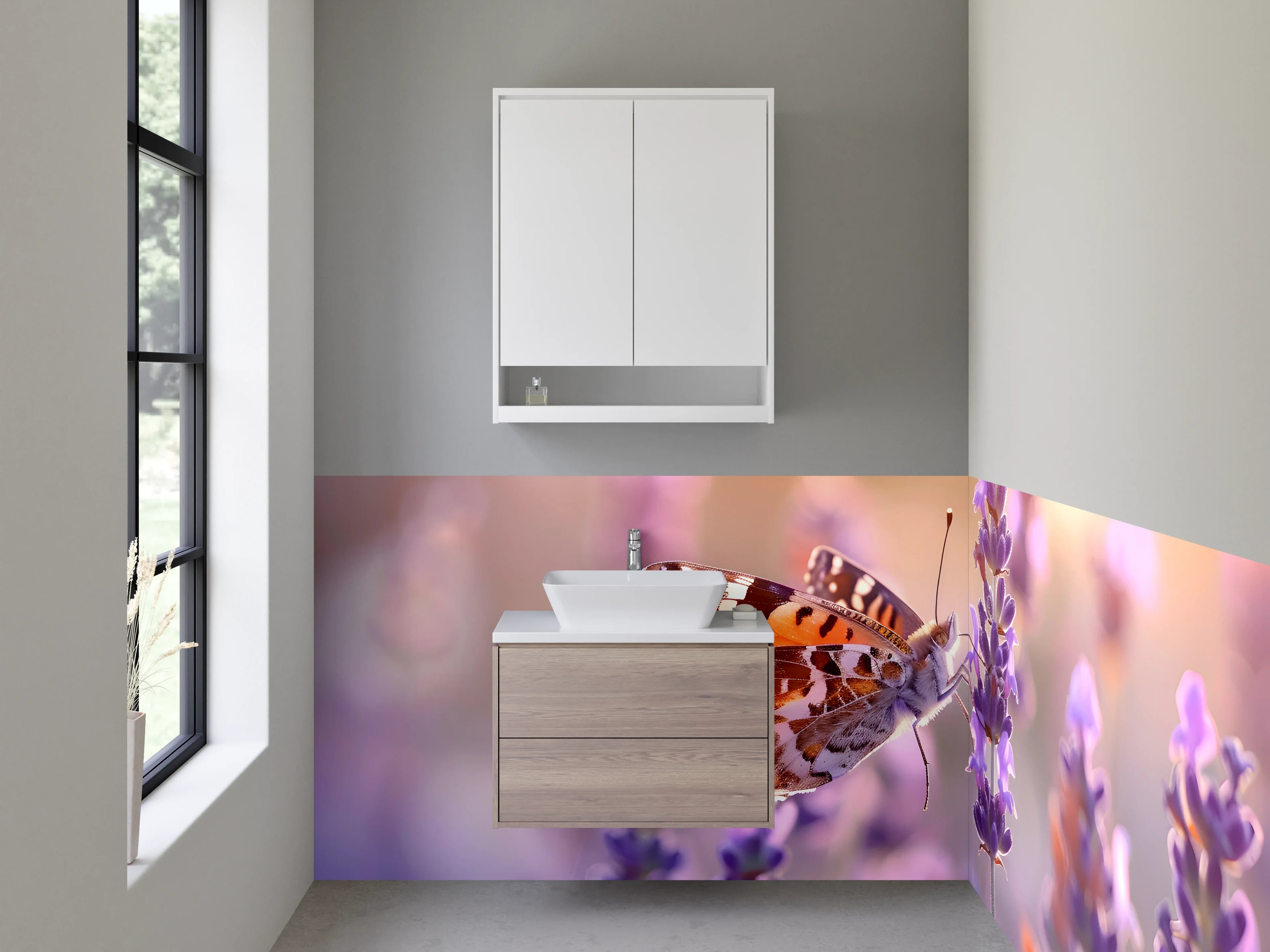 Waschbecken-Rückwand - Schmetterling auf Lavendel – Naturidylle