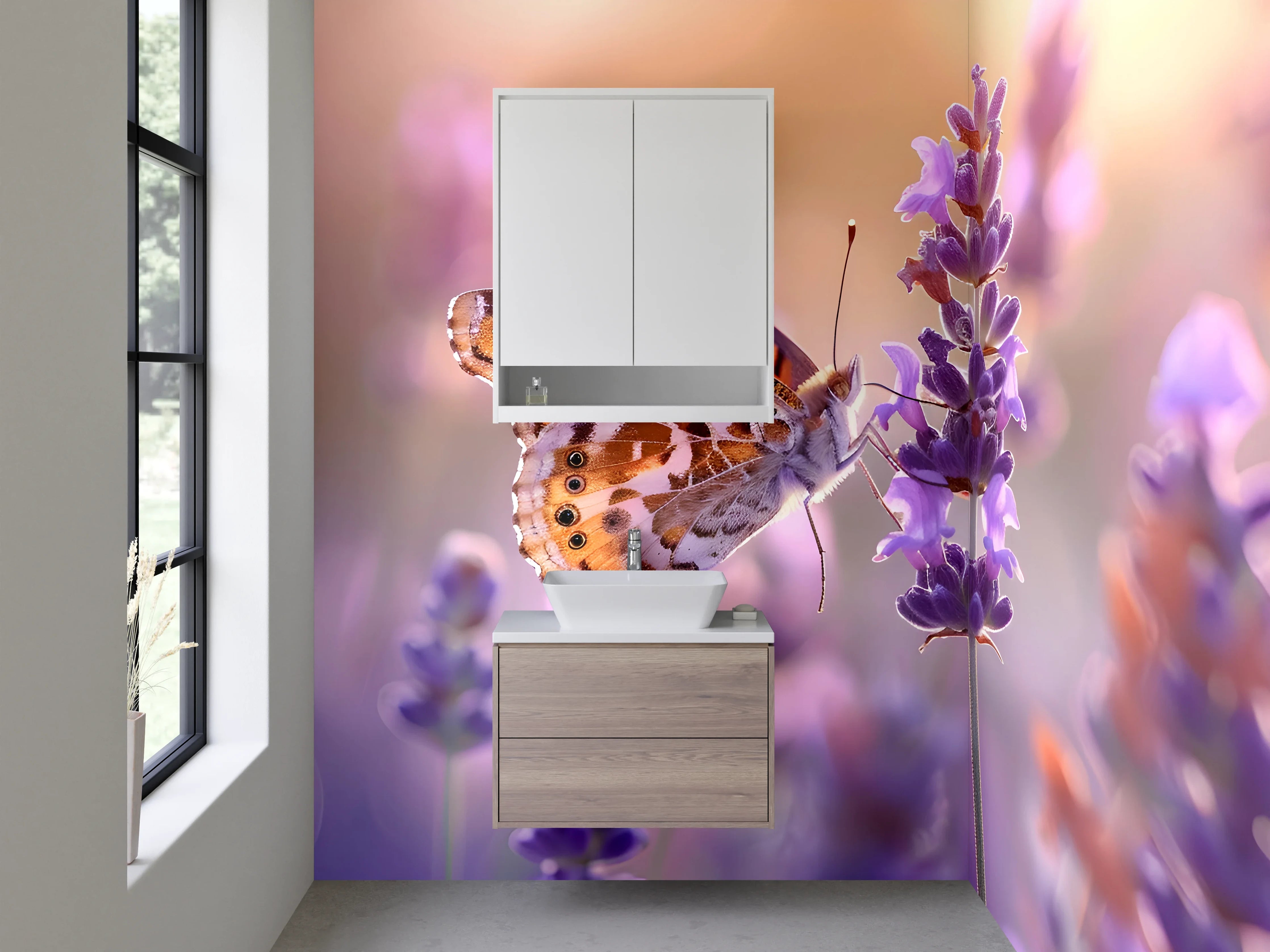 Waschbecken-Rückwand - Schmetterling auf Lavendel – Naturidylle
