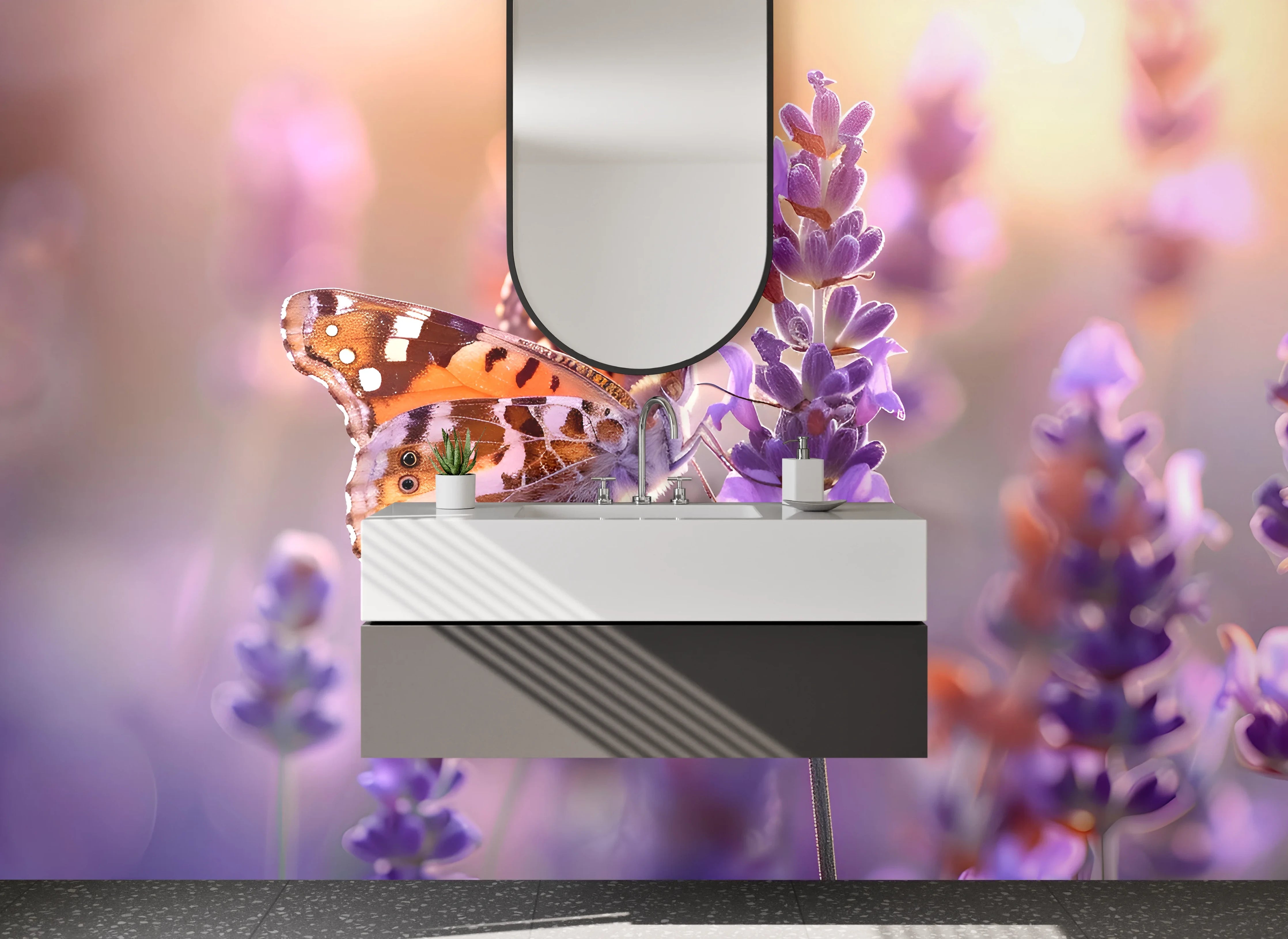 Waschbecken-Rückwand - Schmetterling auf Lavendel – Naturidylle