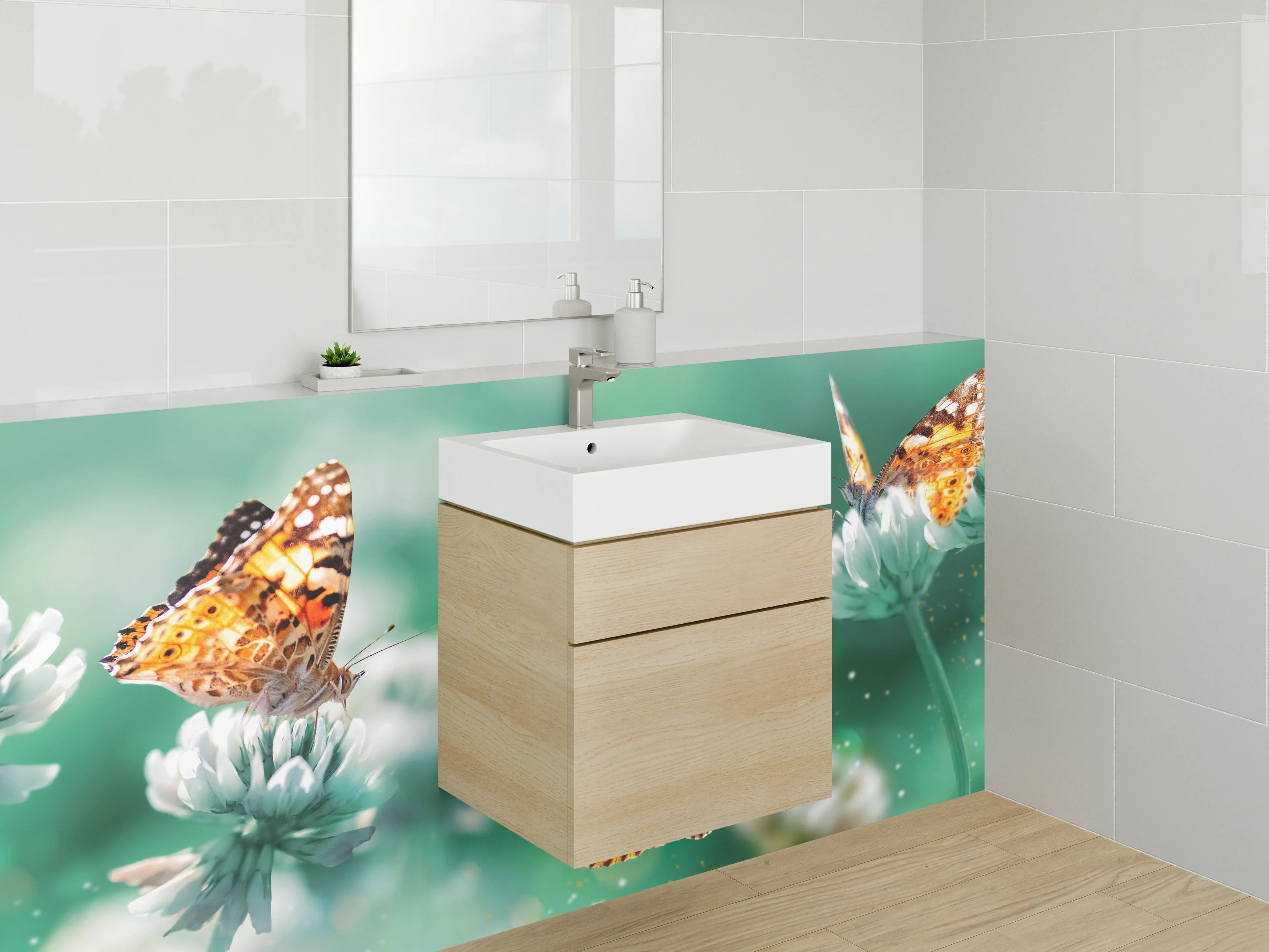Waschbecken-Rückwand - Schmetterlinge auf Kleeblüten – Frühlingsdekor