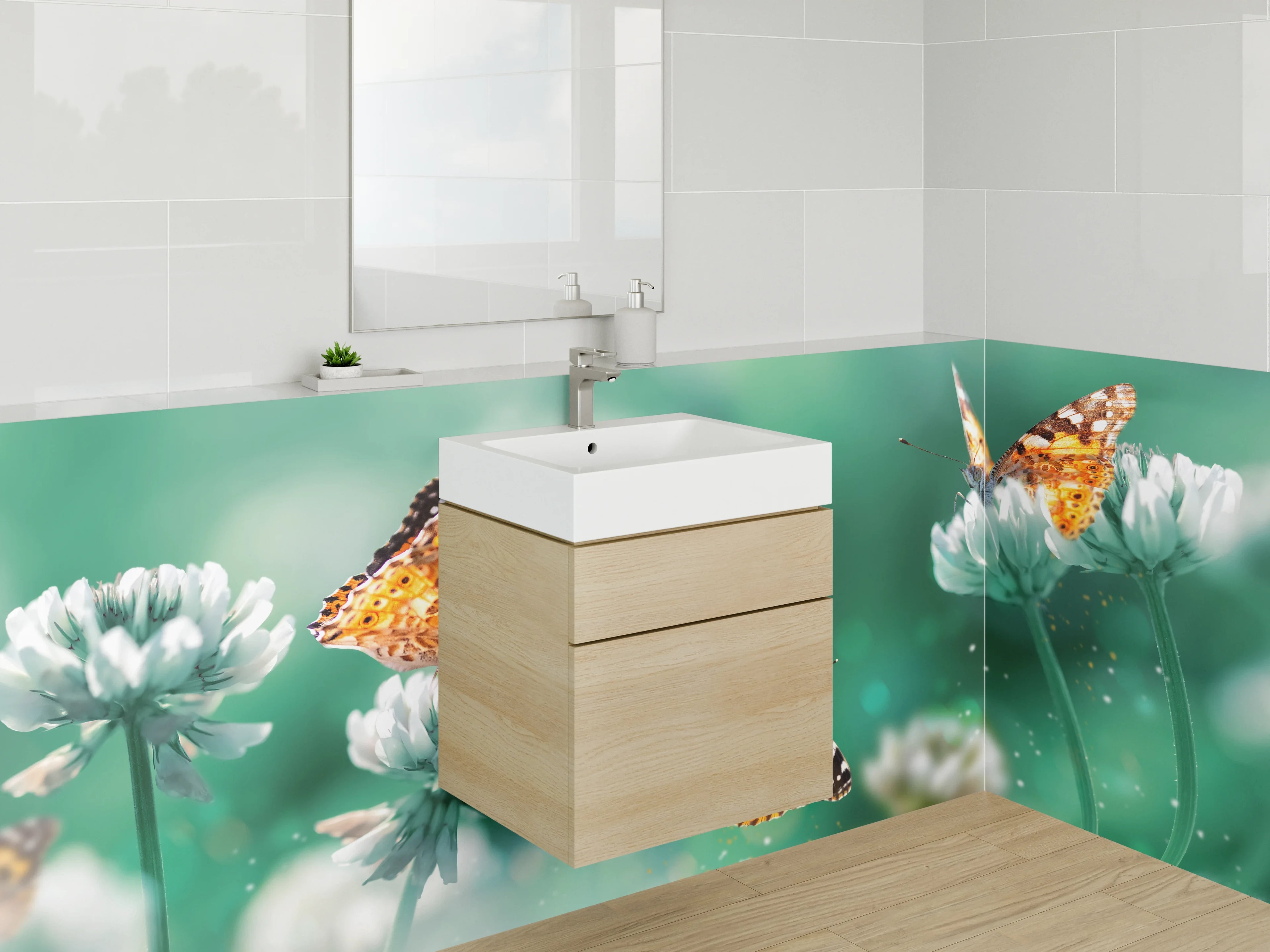 Waschbecken-Rückwand - Schmetterlinge auf Kleeblüten – Frühlingsdekor
