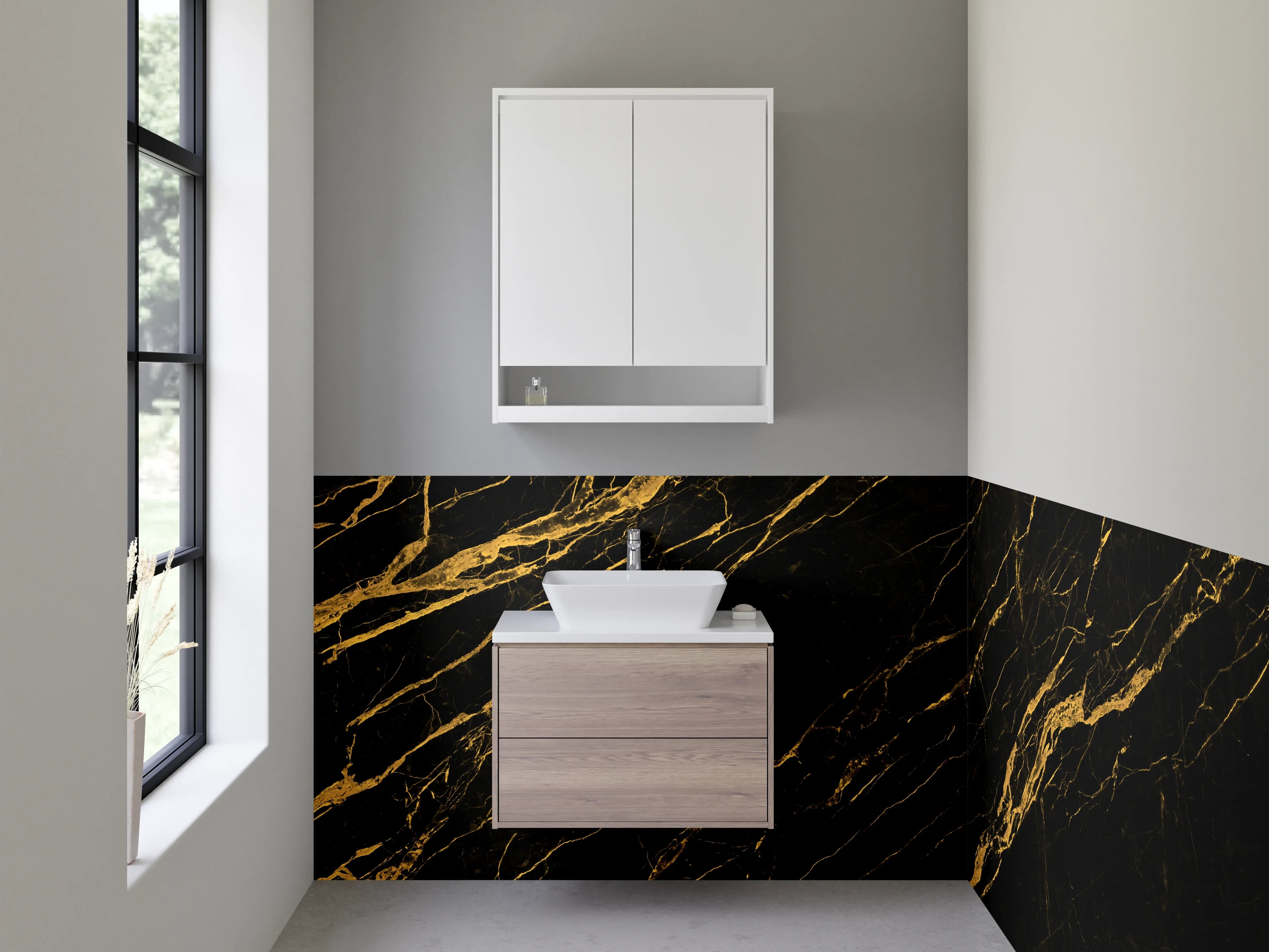 Waschbecken-Rückwand - Schwarz Gold Marmor Optik