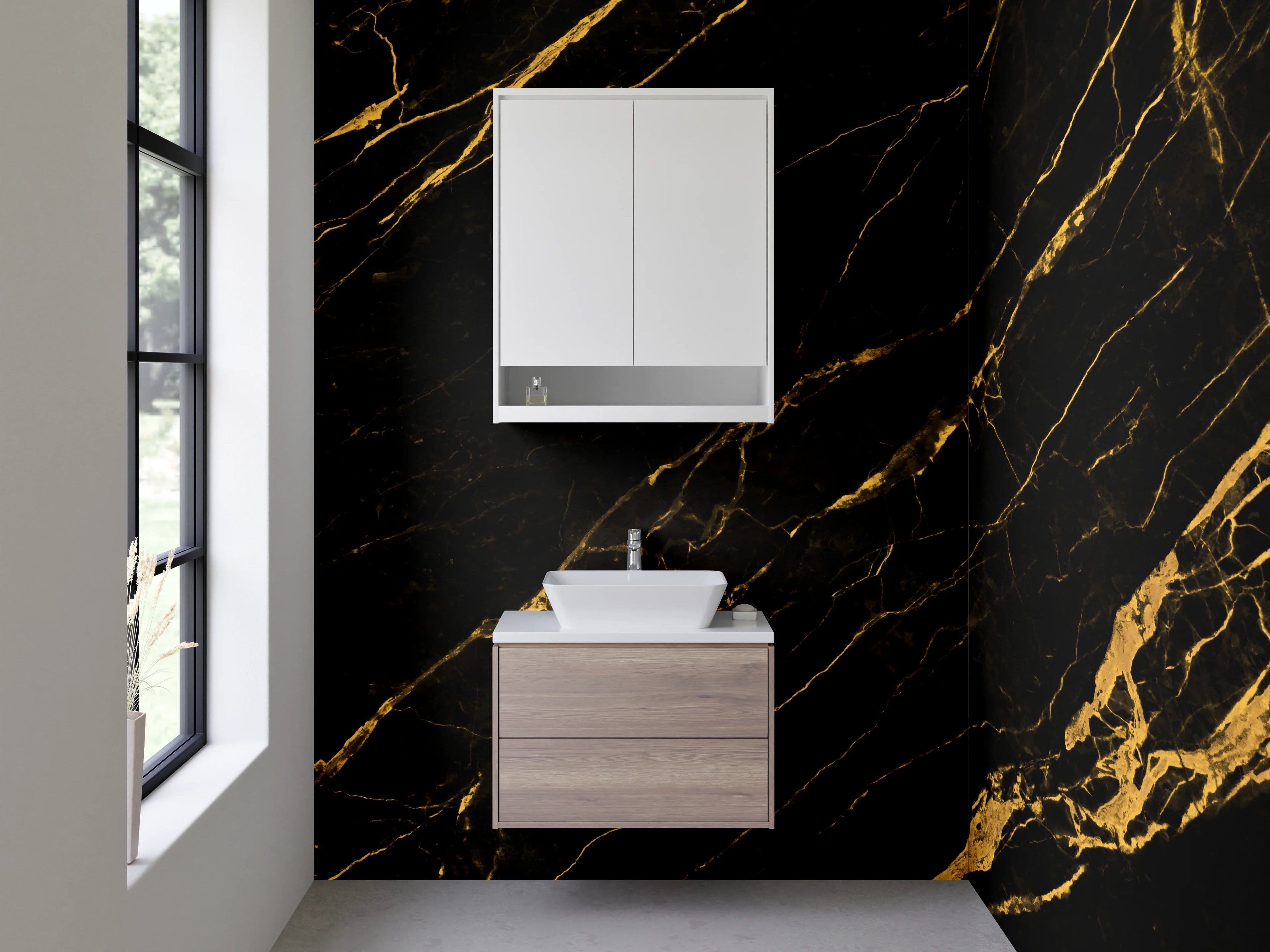 Waschbecken-Rückwand - Schwarz Gold Marmor Optik