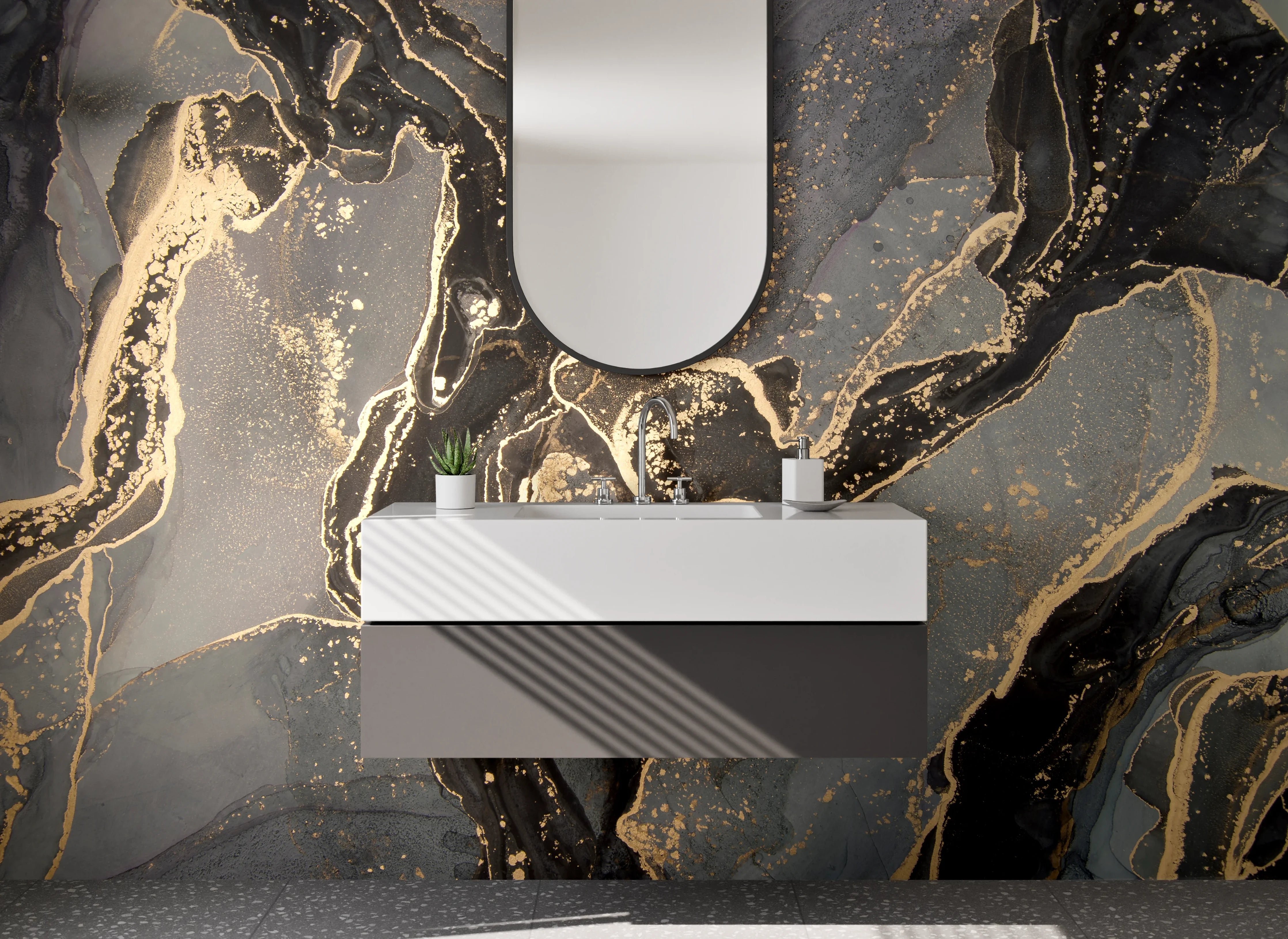 Waschbecken-Rückwand - Schwarz-Goldene Marmor-Textur