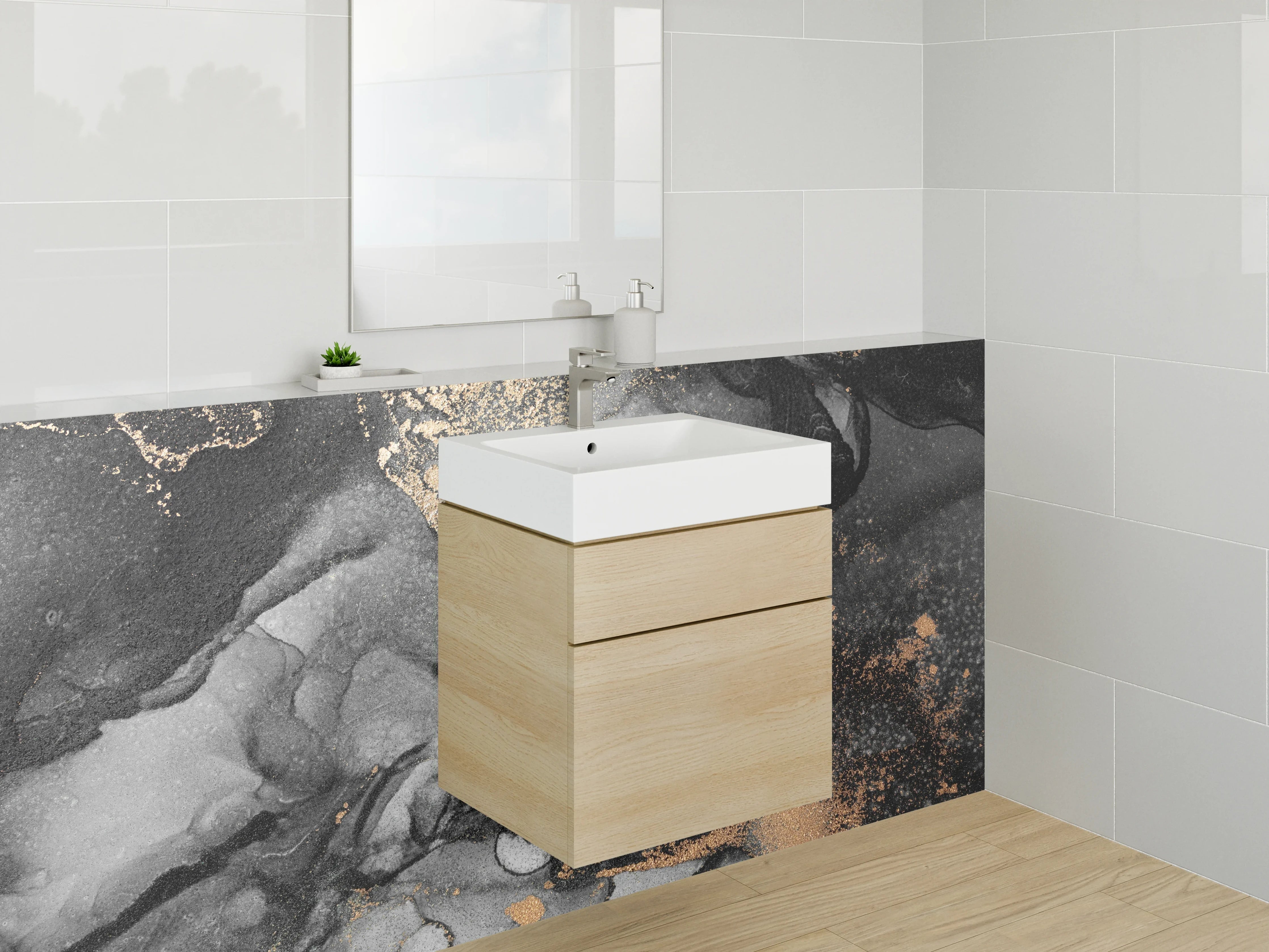 Waschbecken-Rückwand - Schwarz-Graue Marmor-Textur mit Goldakzenten