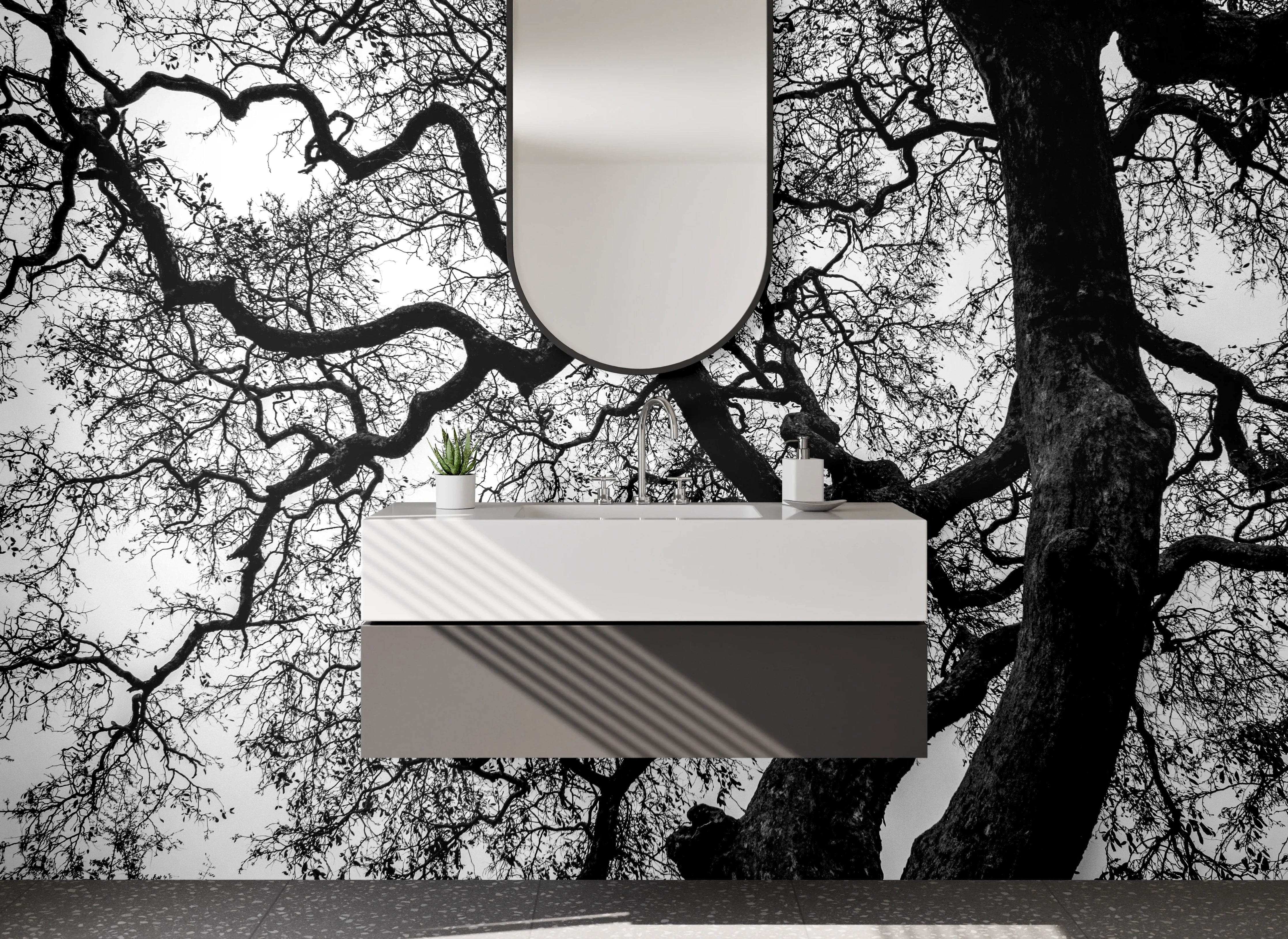 Waschbecken-Rückwand - Schwarz-Weiß-Baum Silhouette