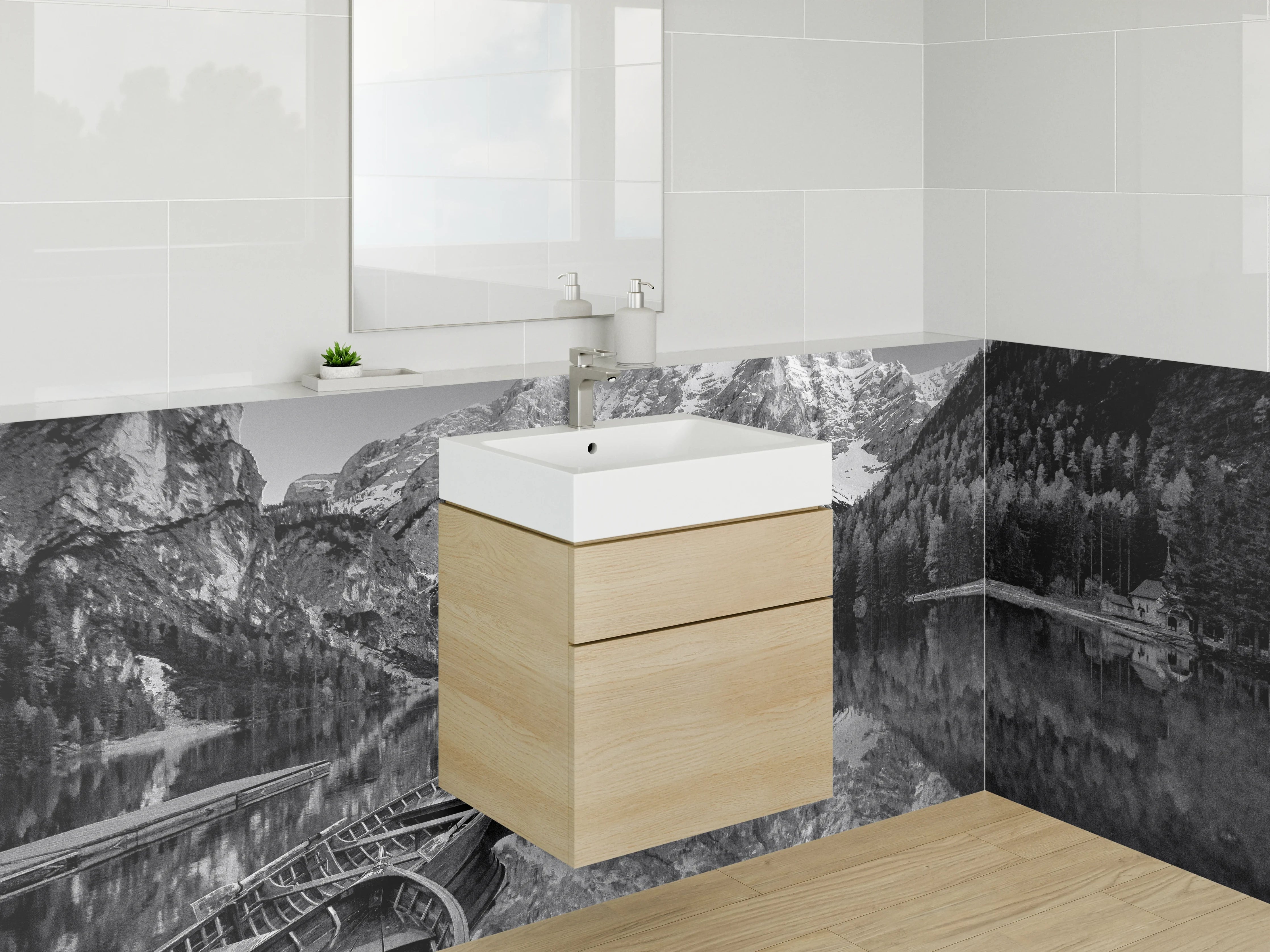Waschbecken-Rückwand - Schwarz-Weiß-Bergsee mit Booten