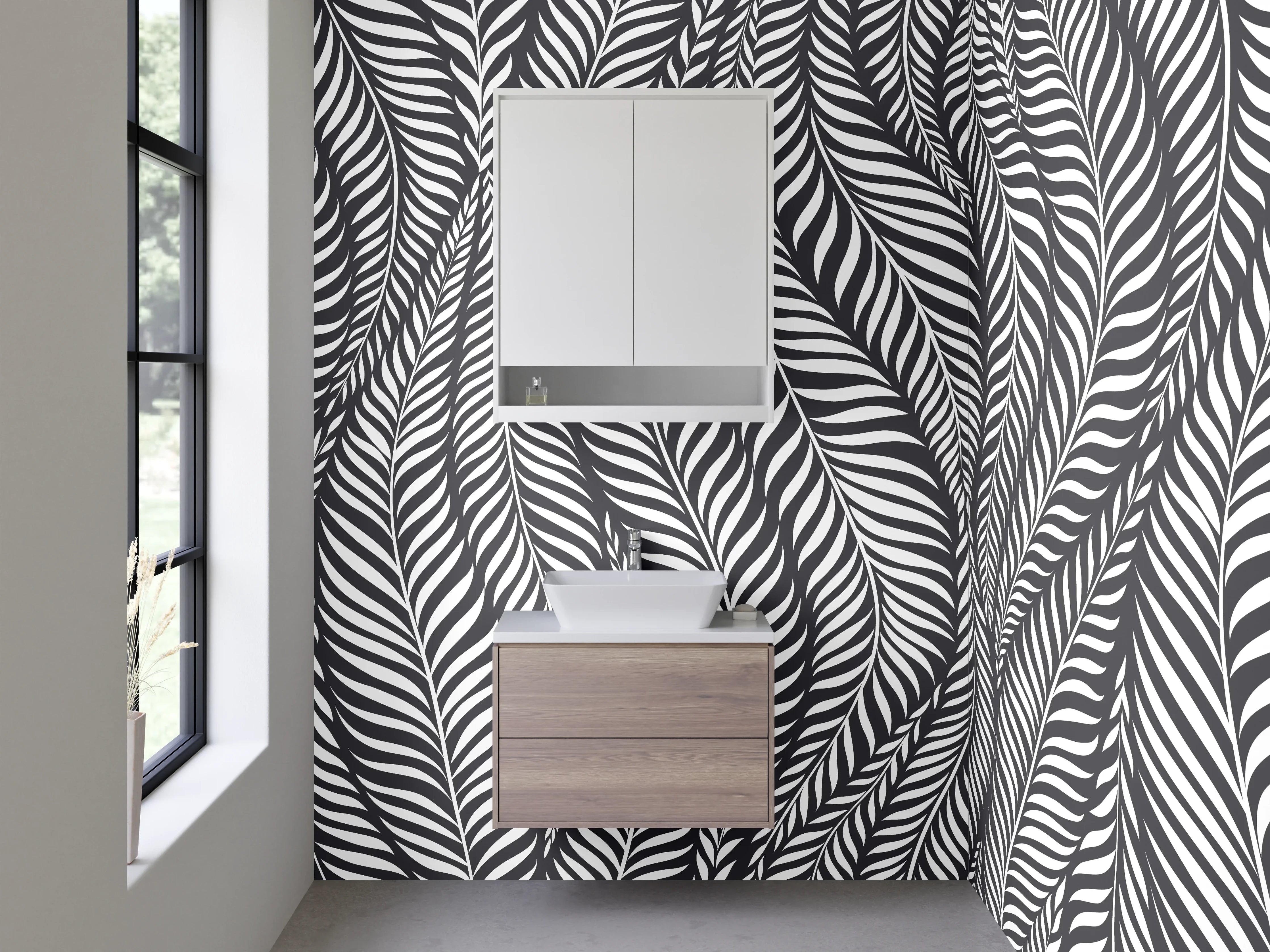 Waschbecken-Rückwand - Schwarz-Weiß Blätter Muster Design