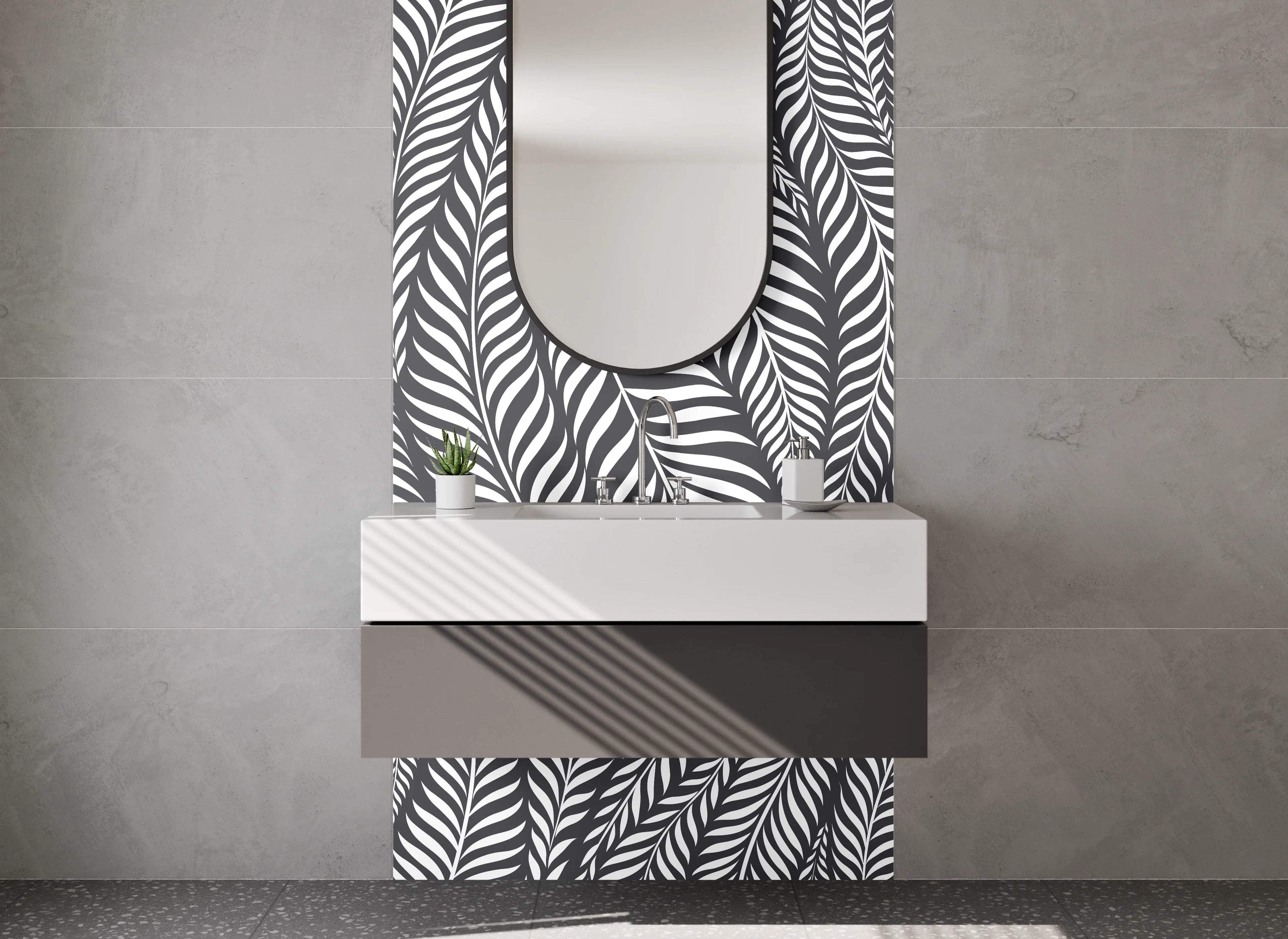 Waschbecken-Rückwand - Schwarz-Weiß Blätter Muster Design