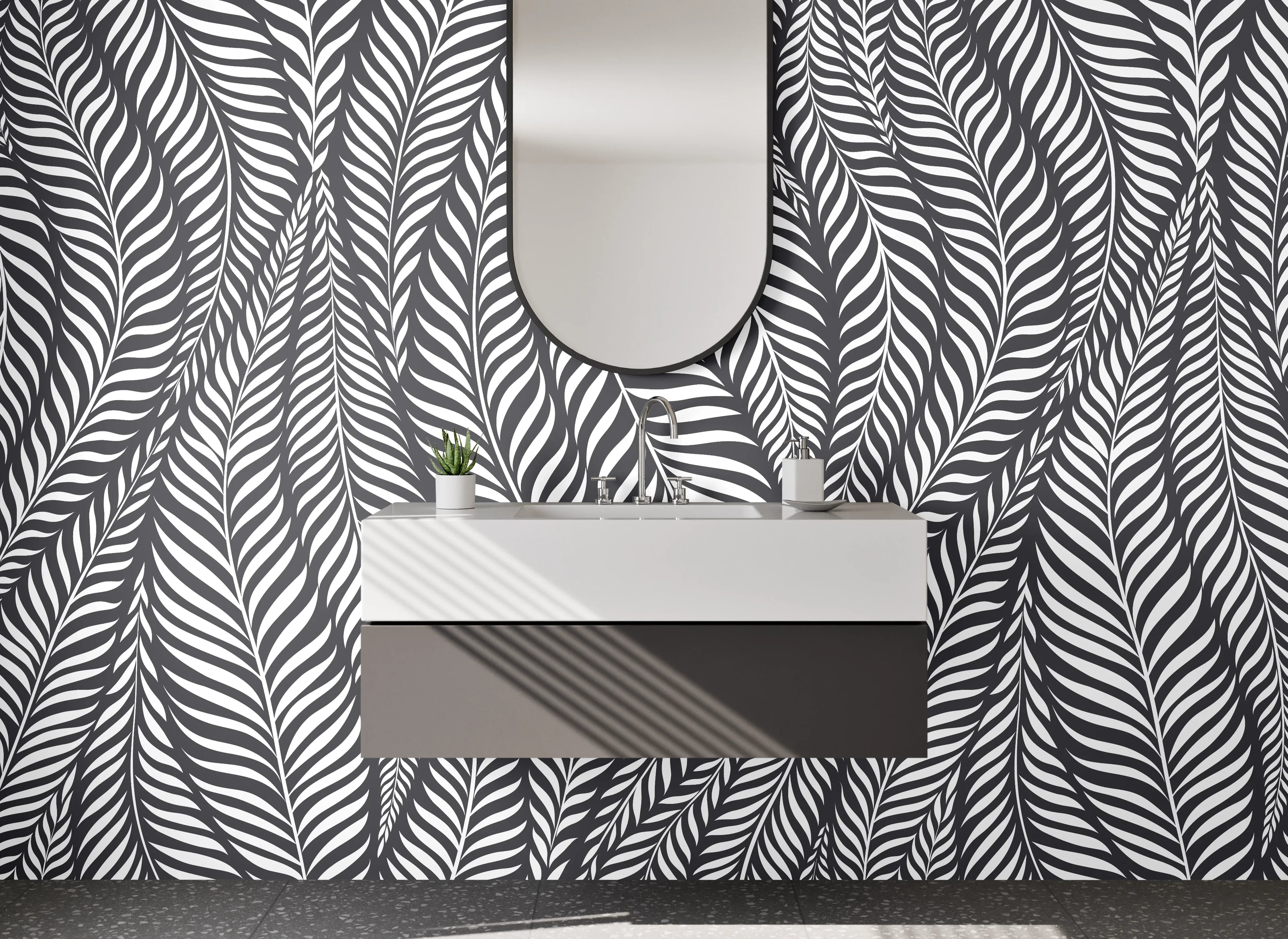 Waschbecken-Rückwand - Schwarz-Weiß Blätter Muster Design