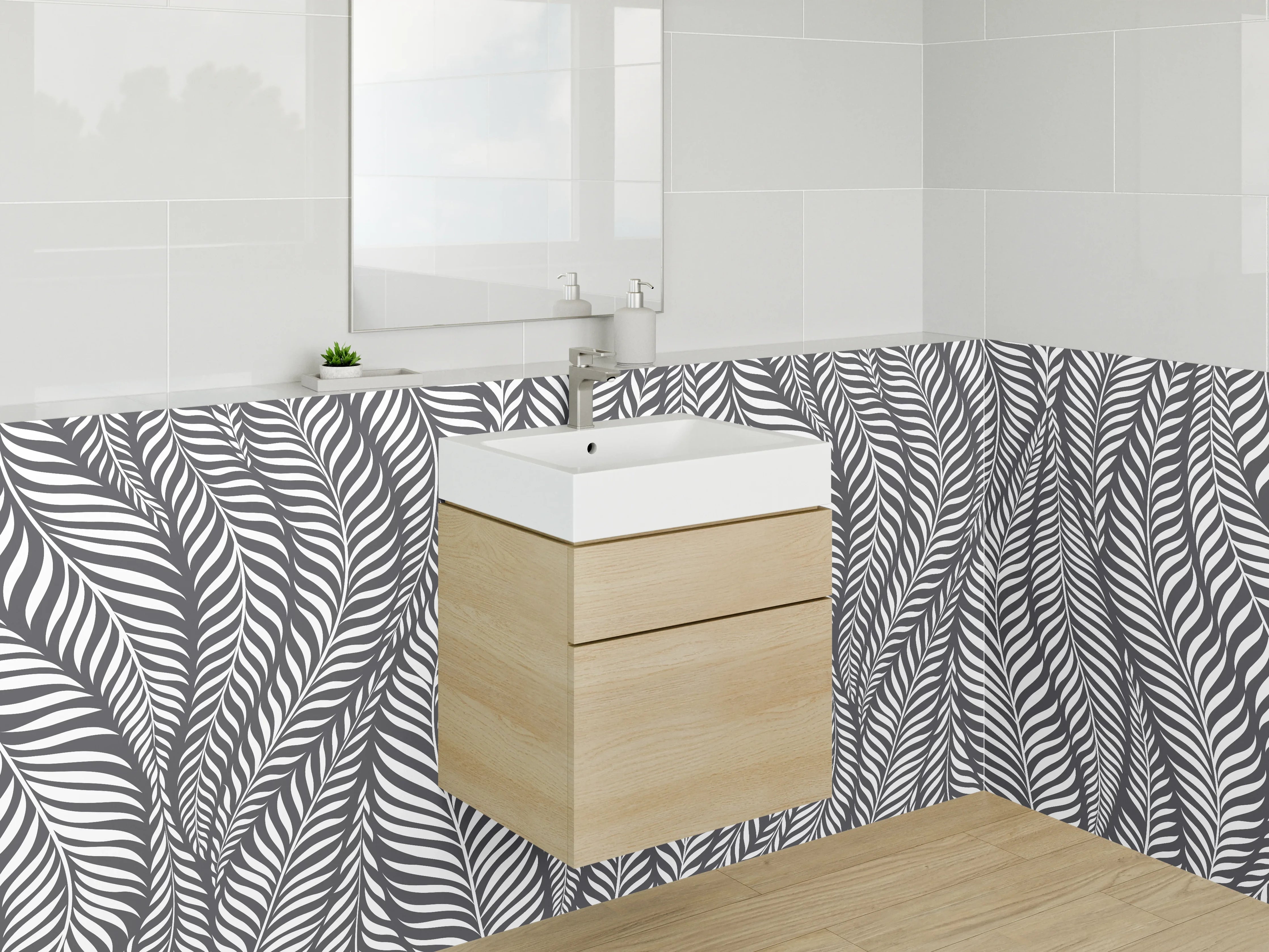 Waschbecken-Rückwand - Schwarz-Weiß Blätter Muster Design