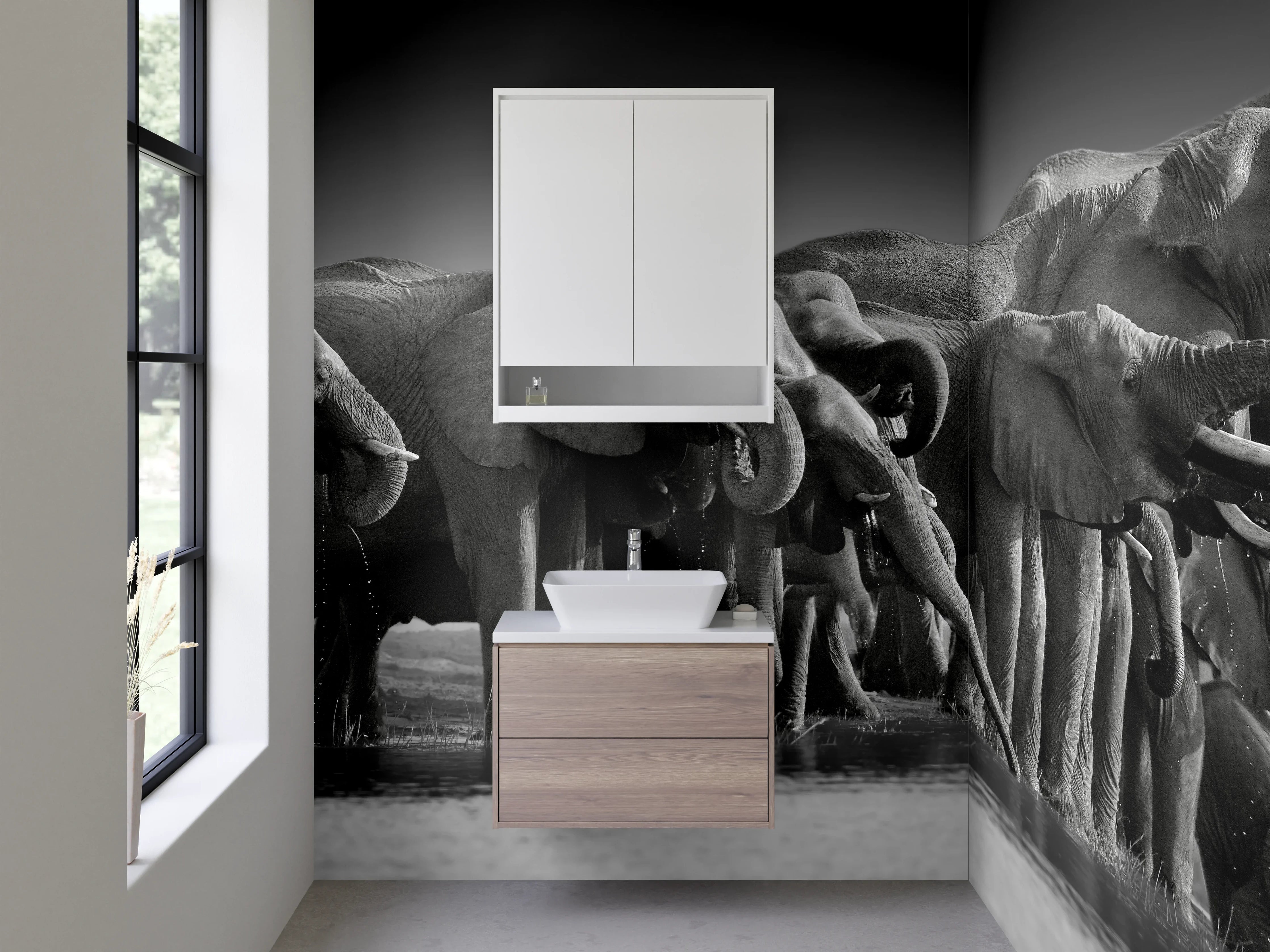 Waschbecken-Rückwand - Schwarz-Weiß Elefantenherde Fotokunst