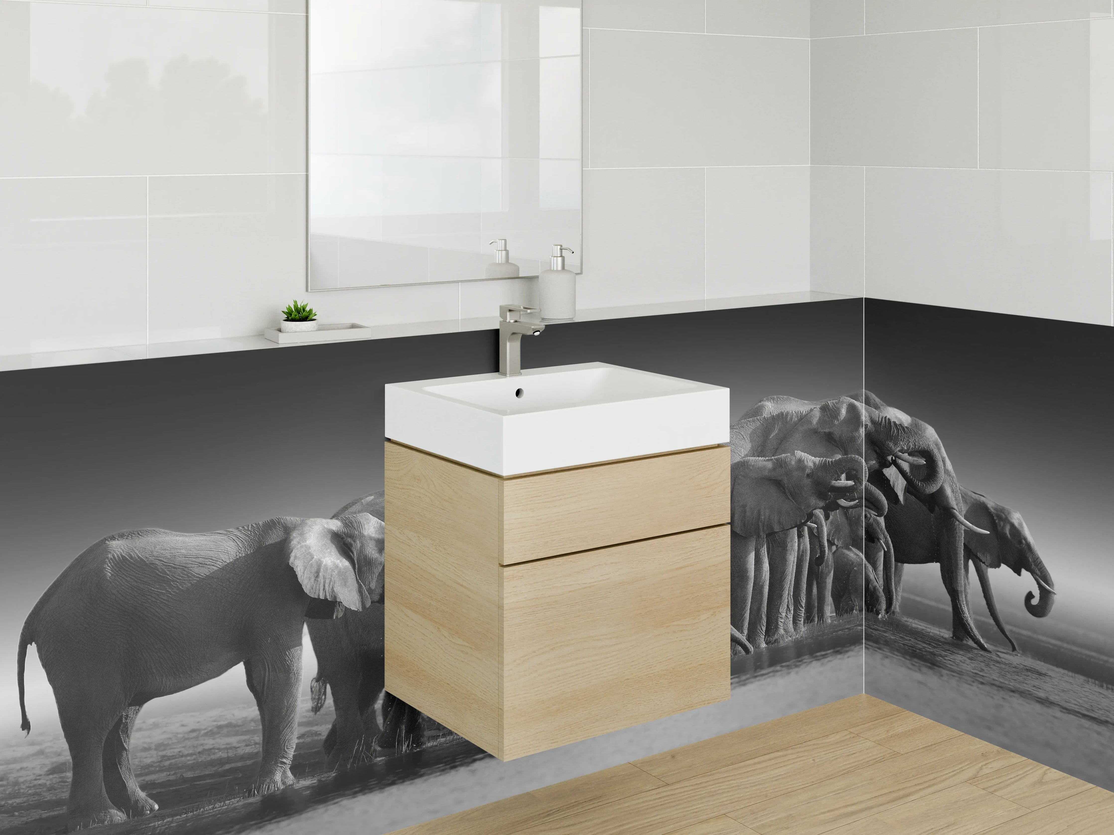 Waschbecken-Rückwand - Schwarz-Weiß Elefantenherde Fotokunst
