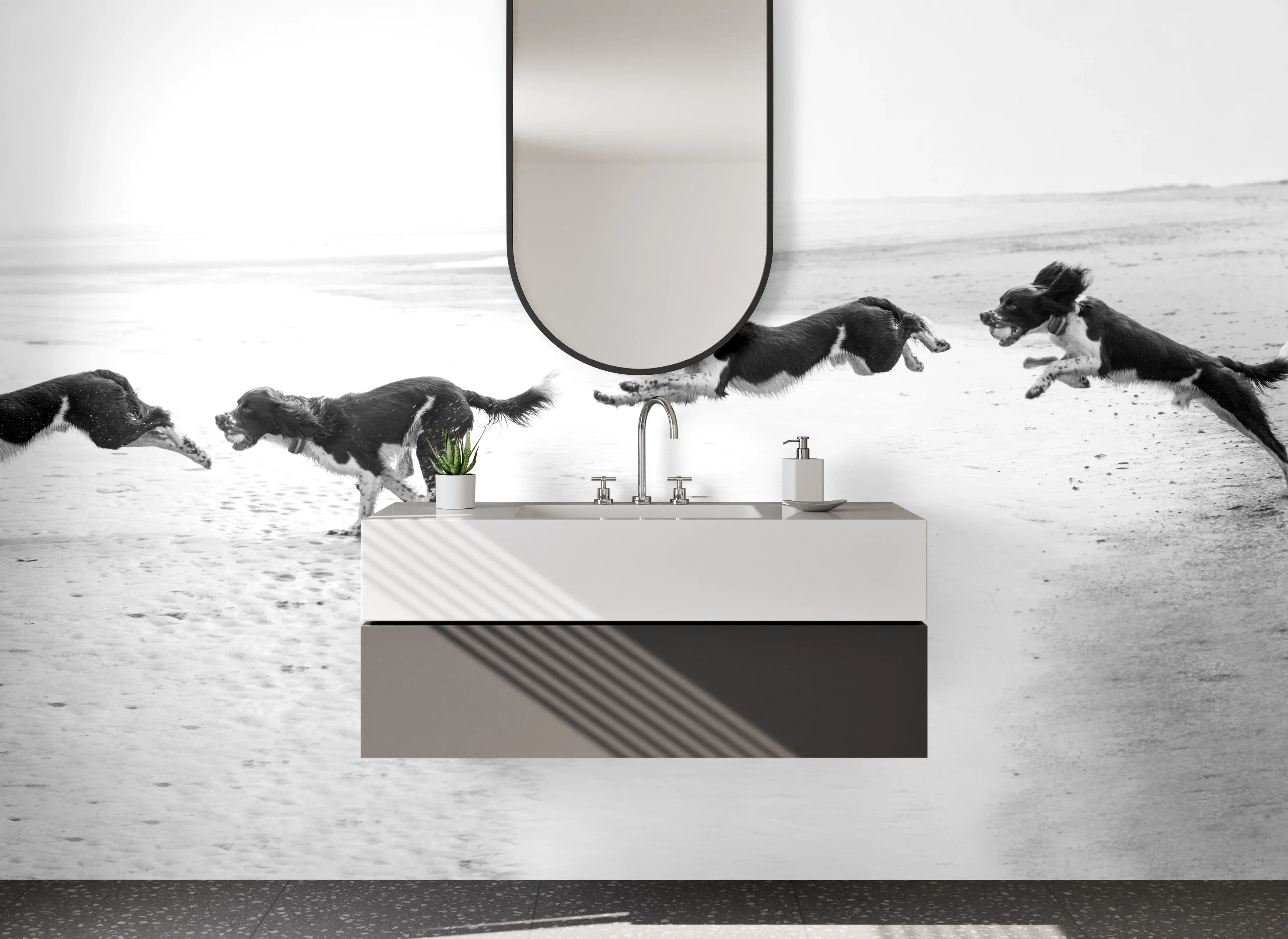 Waschbecken-Rückwand - Schwarz-Weiß Hunde auf dem Strand