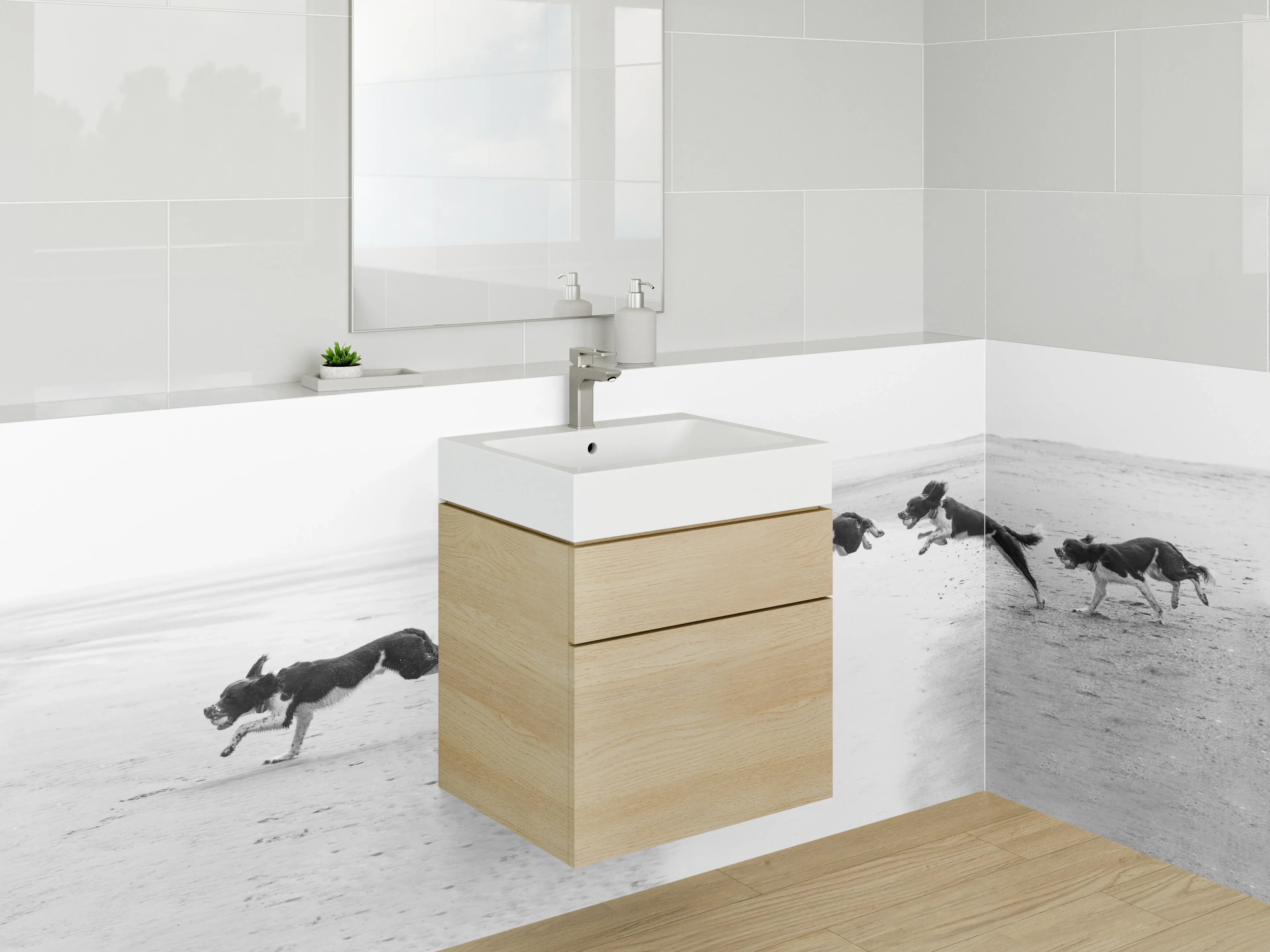 Waschbecken-Rückwand - Schwarz-Weiß Hunde auf dem Strand
