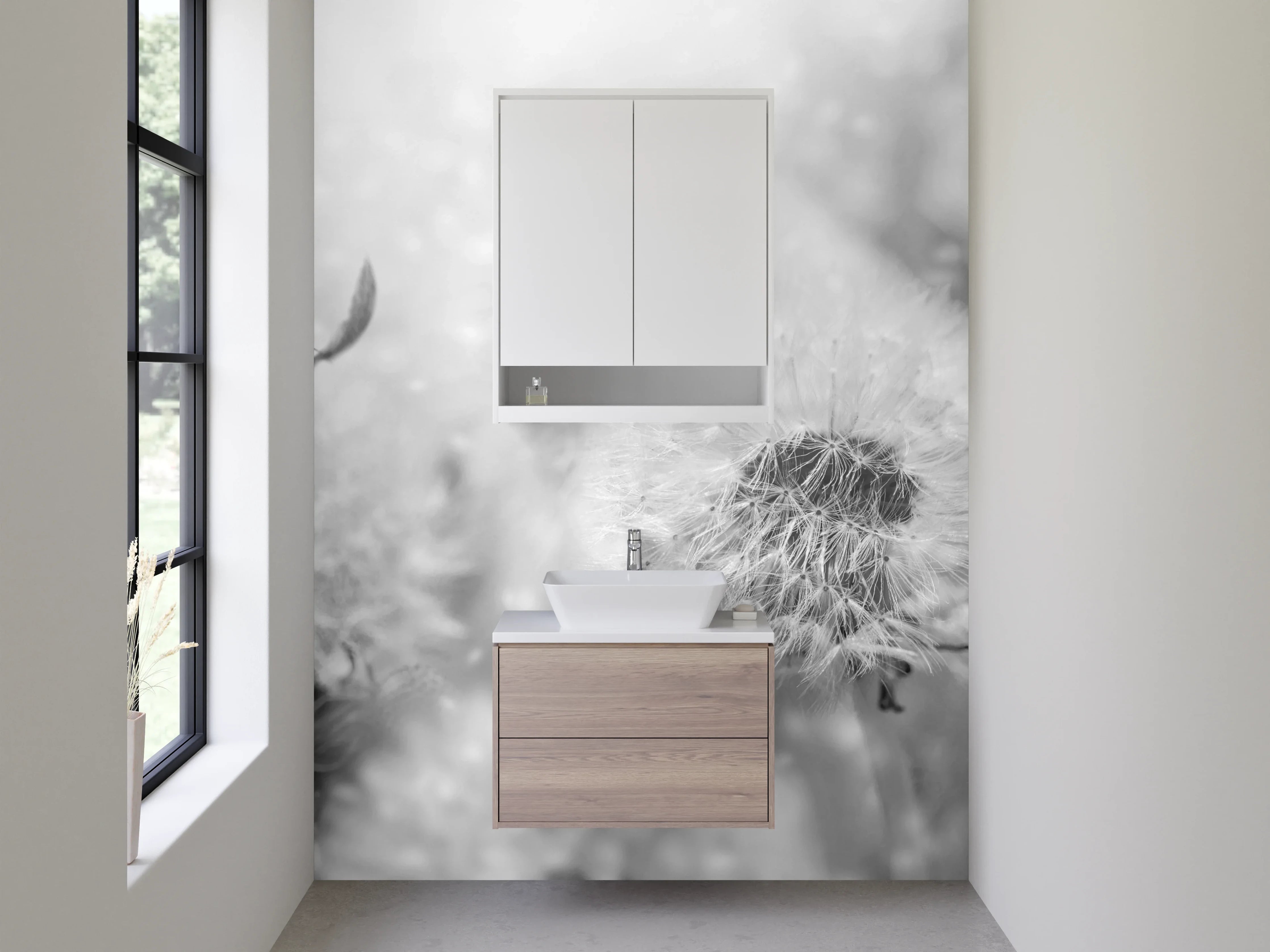 Waschbecken-Rückwand - Schwarz-Weiß Löwenzahn mit Schmetterling