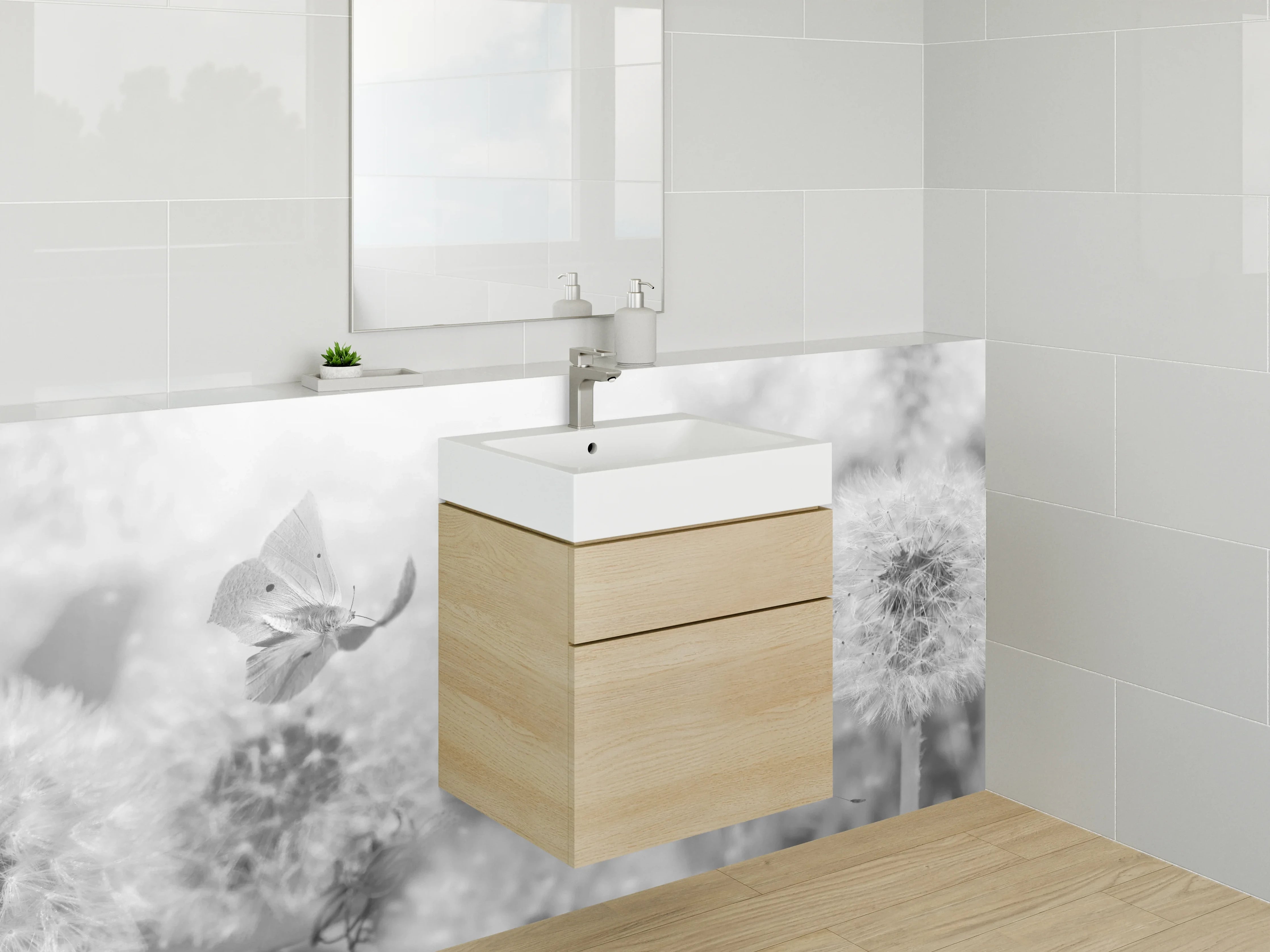 Waschbecken-Rückwand - Schwarz-Weiß Löwenzahn mit Schmetterling