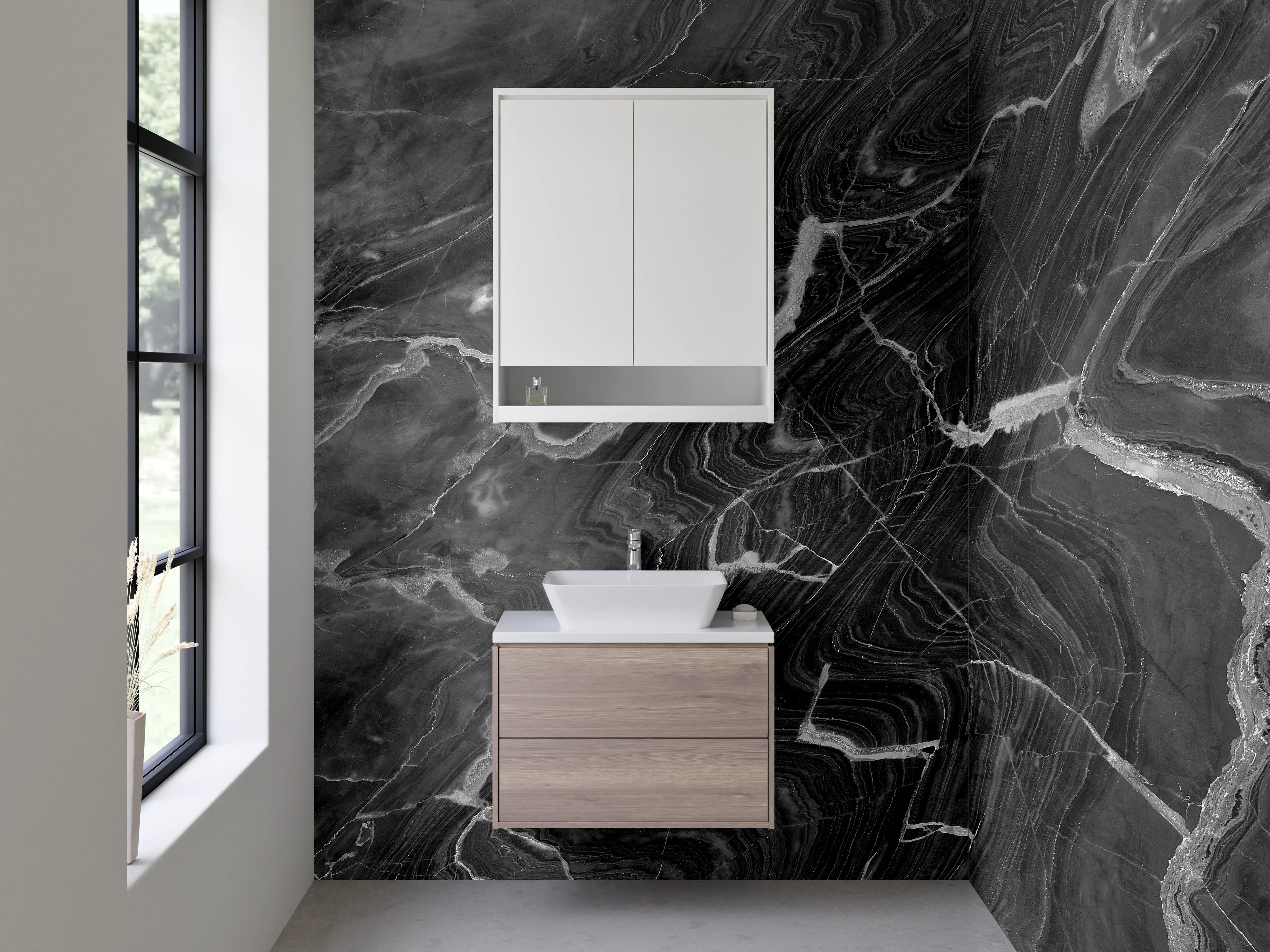 Waschbecken-Rückwand - Schwarz-Weiß-Marmor mit feiner Struktur