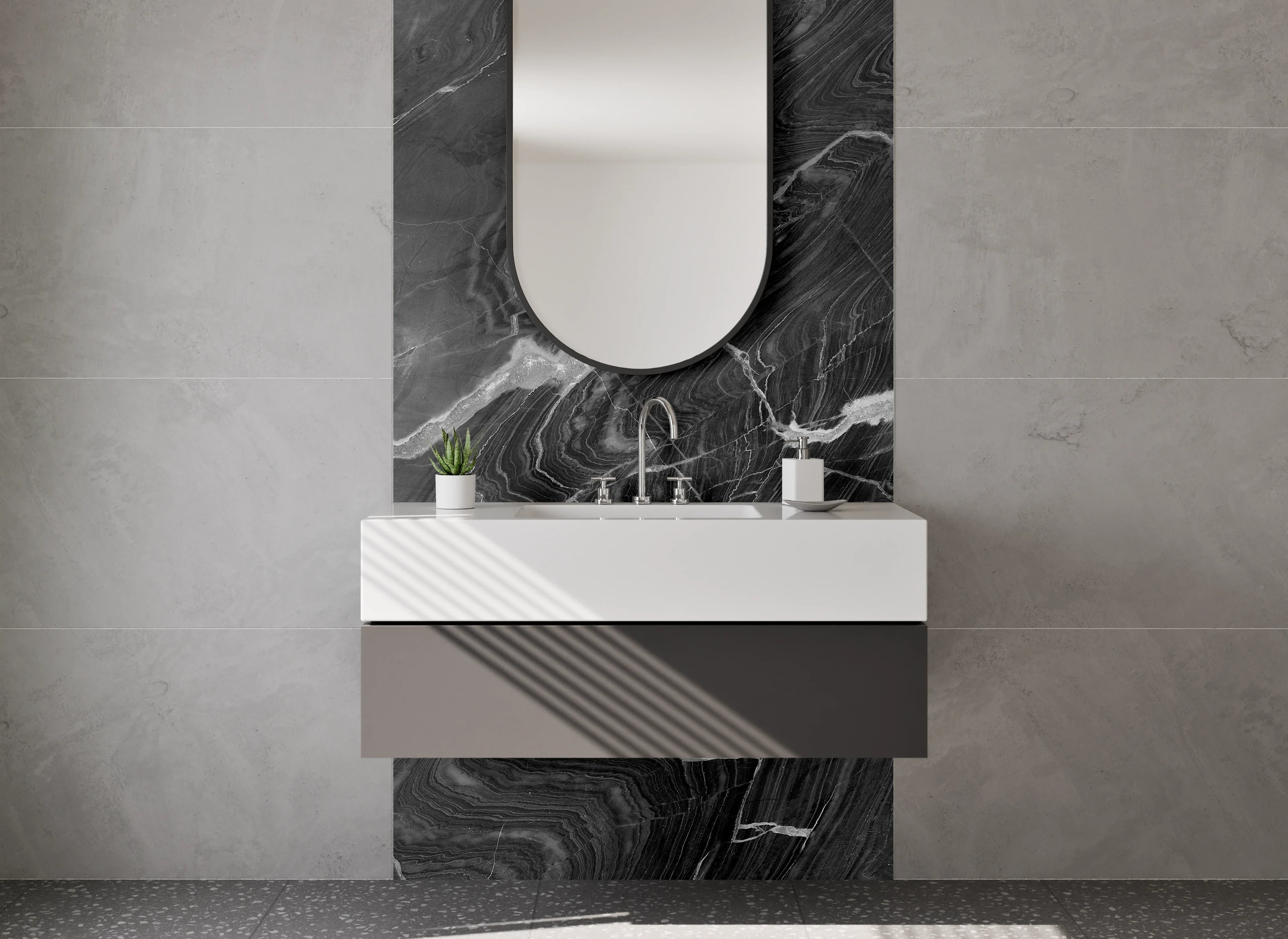 Waschbecken-Rückwand - Schwarz-Weiß-Marmor mit feiner Struktur