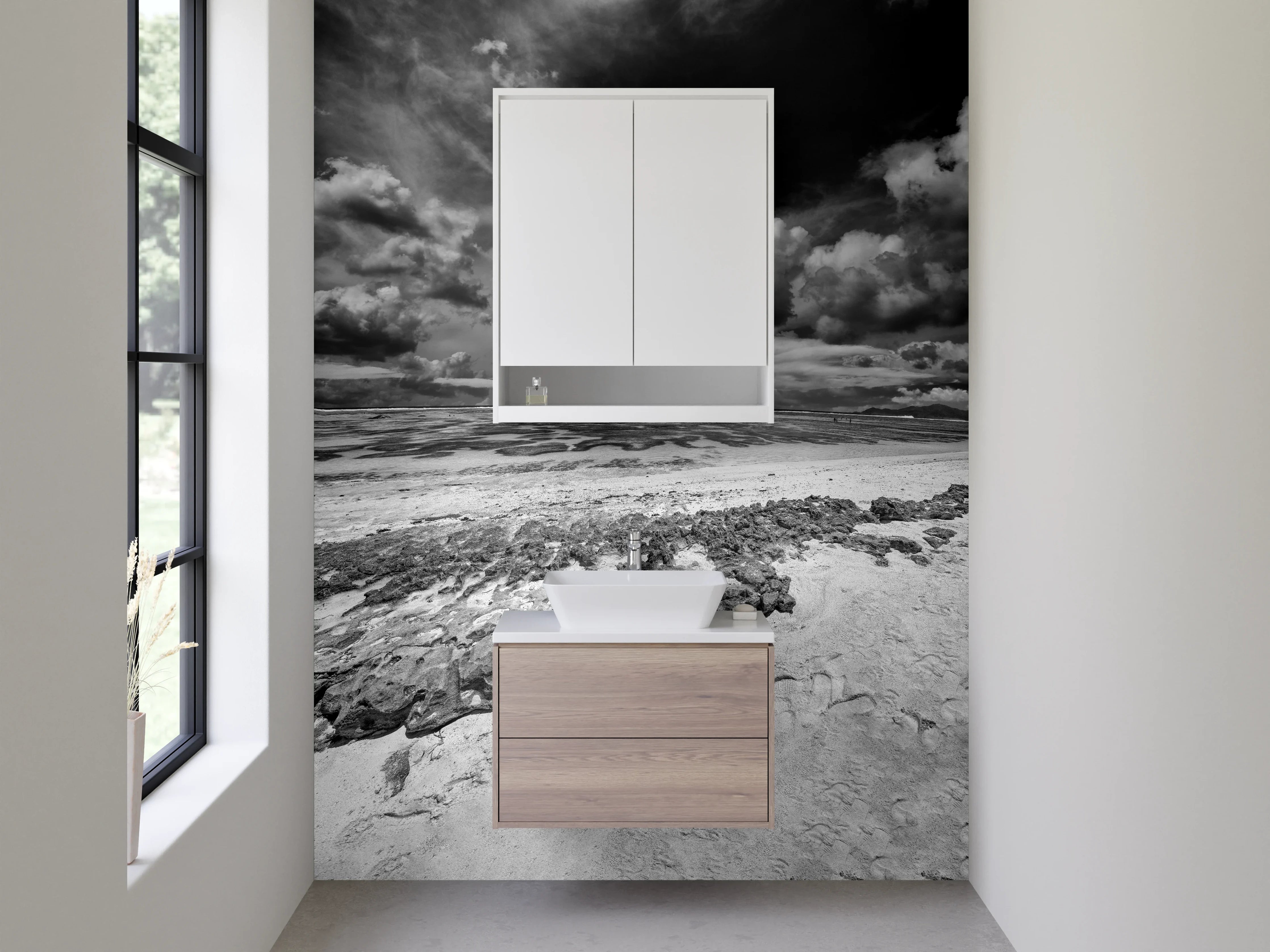 Waschbecken-Rückwand - Schwarz-Weiß Strandlandschaft mit dramatischen Wolken