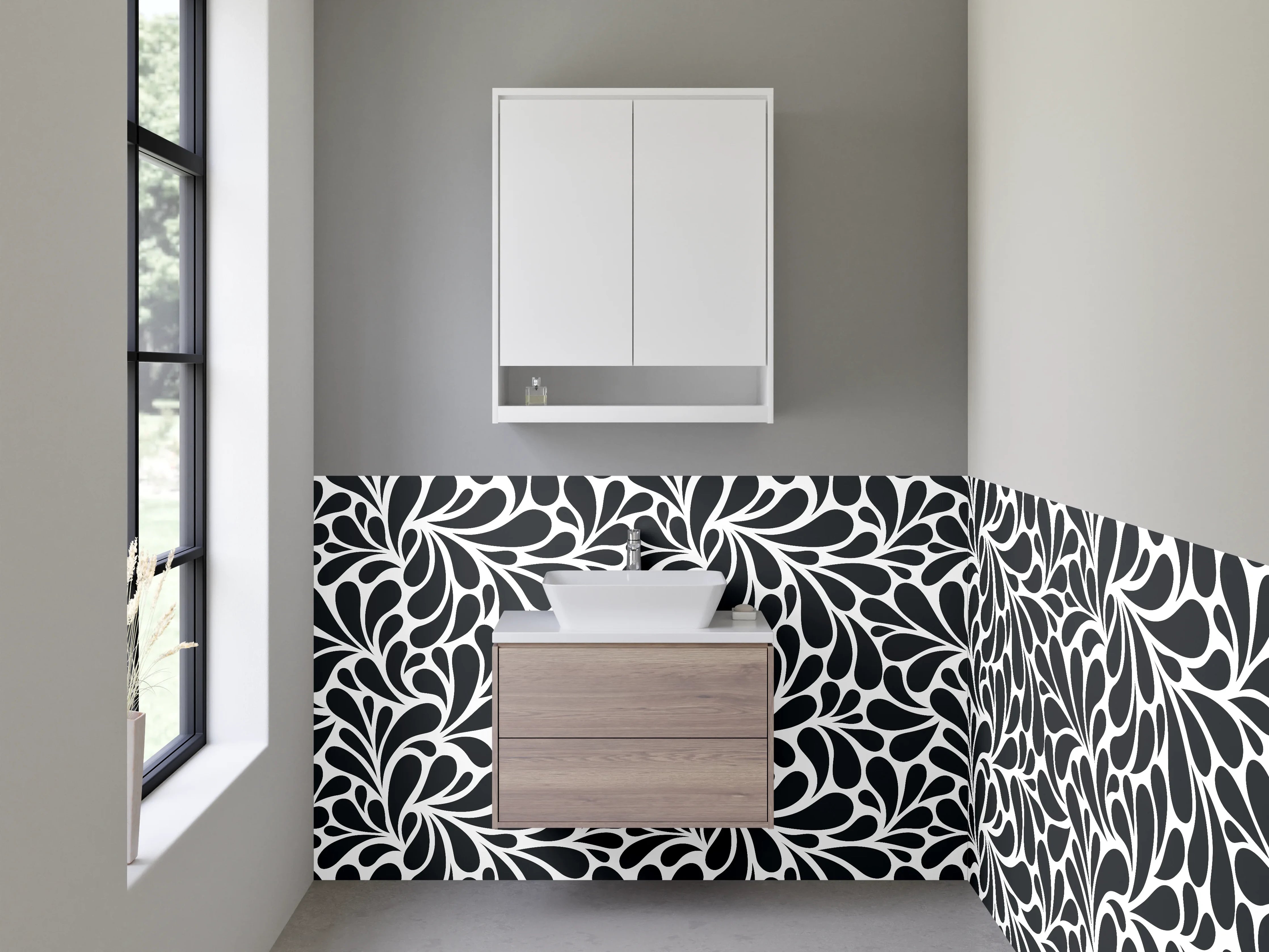 Waschbecken-Rückwand - Schwarz-weiß florales Muster-Design