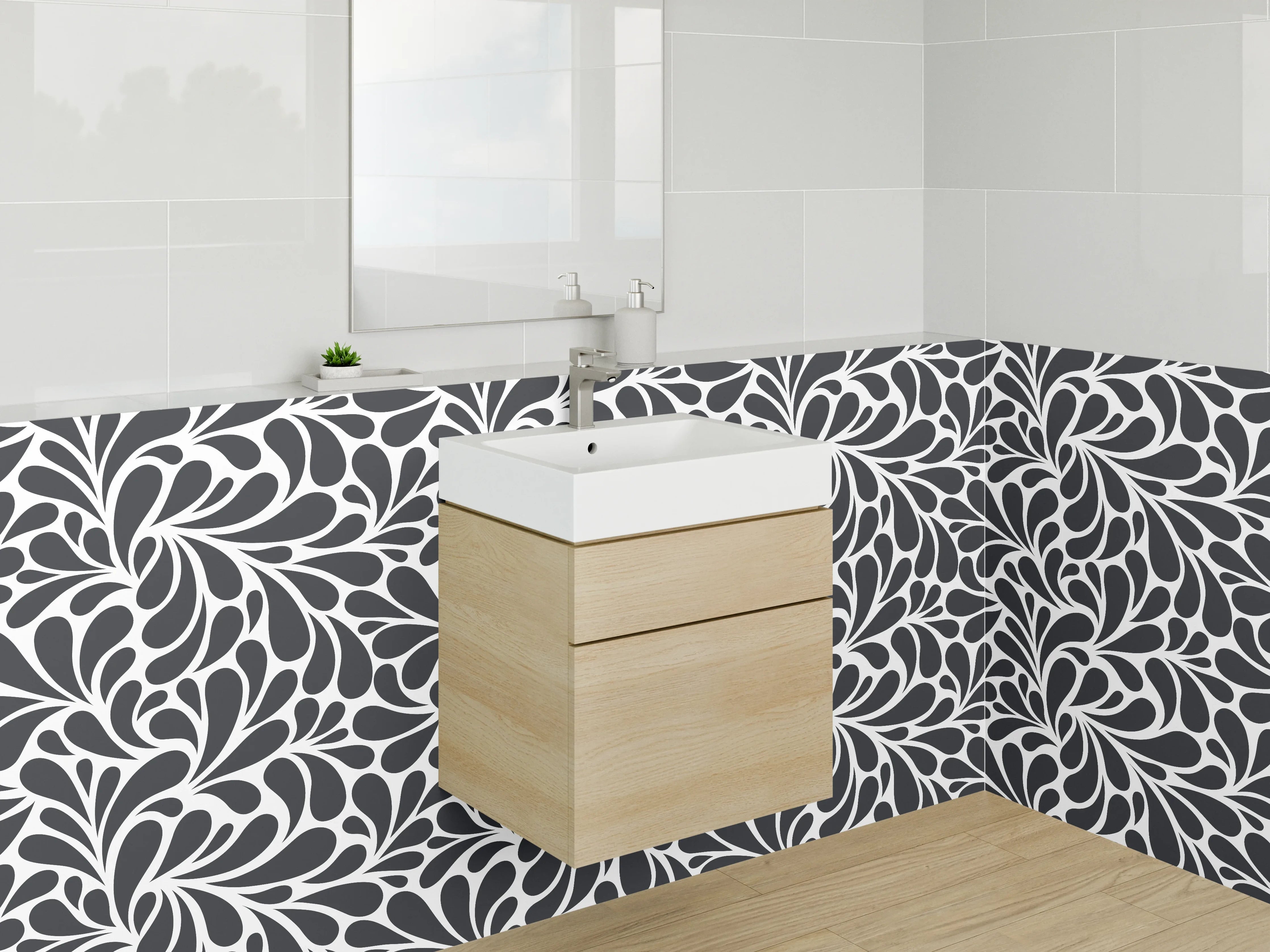 Waschbecken-Rückwand - Schwarz-weiß florales Muster-Design