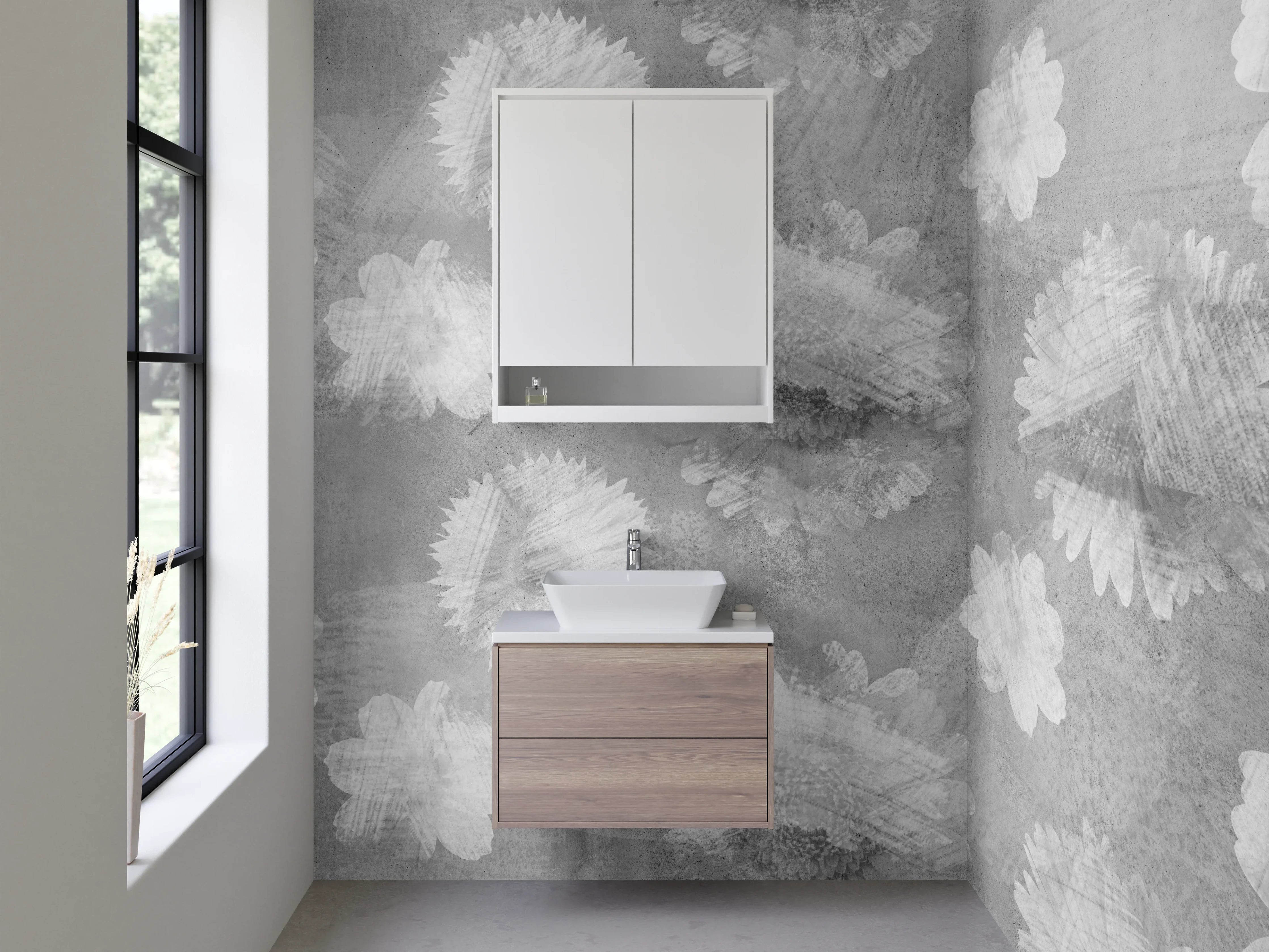 Waschbecken-Rückwand - Schwarz-weiße Aquarell-Blumenmuster Fliesen-Design