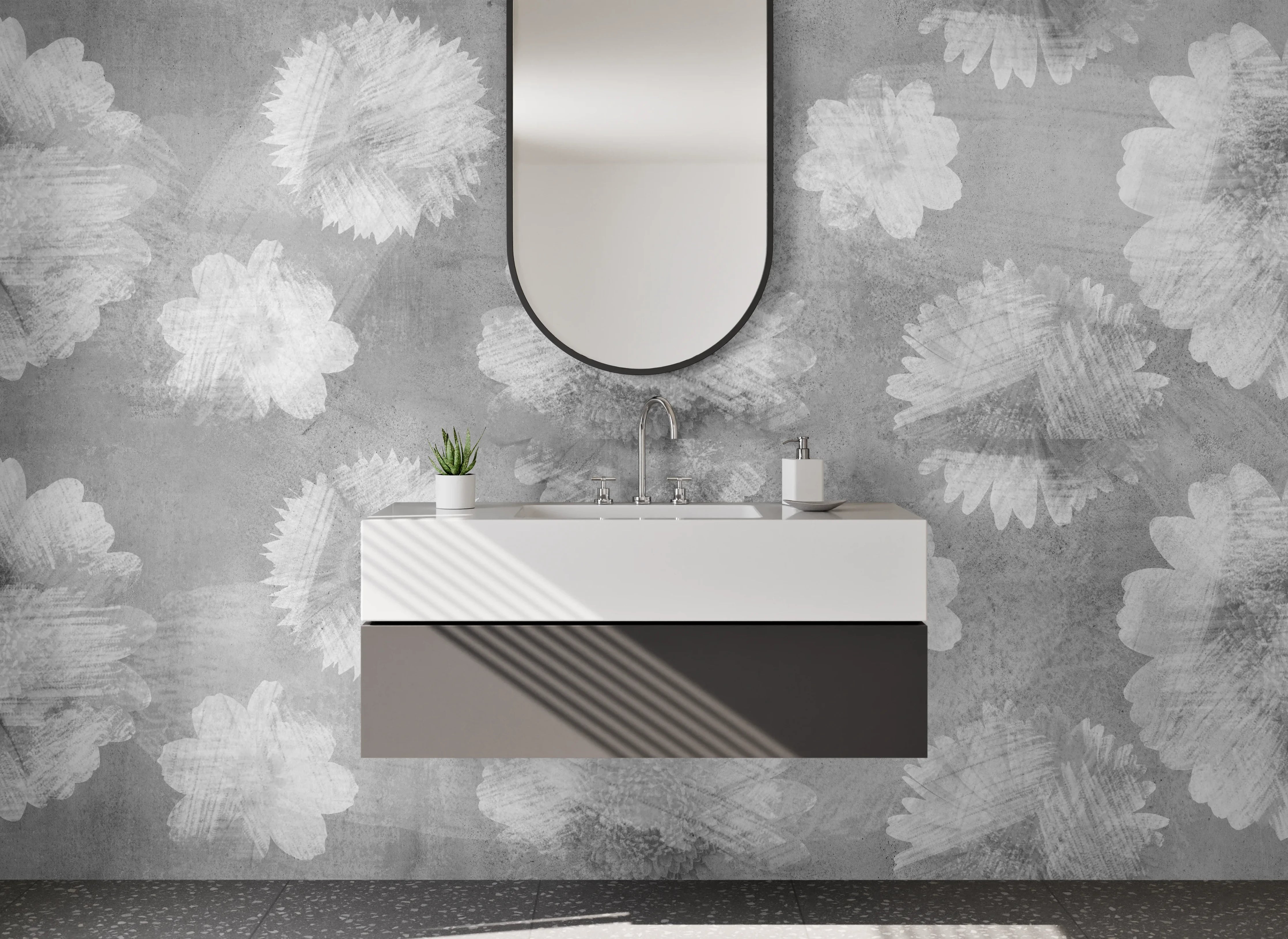 Waschbecken-Rückwand - Schwarz-weiße Aquarell-Blumenmuster Fliesen-Design