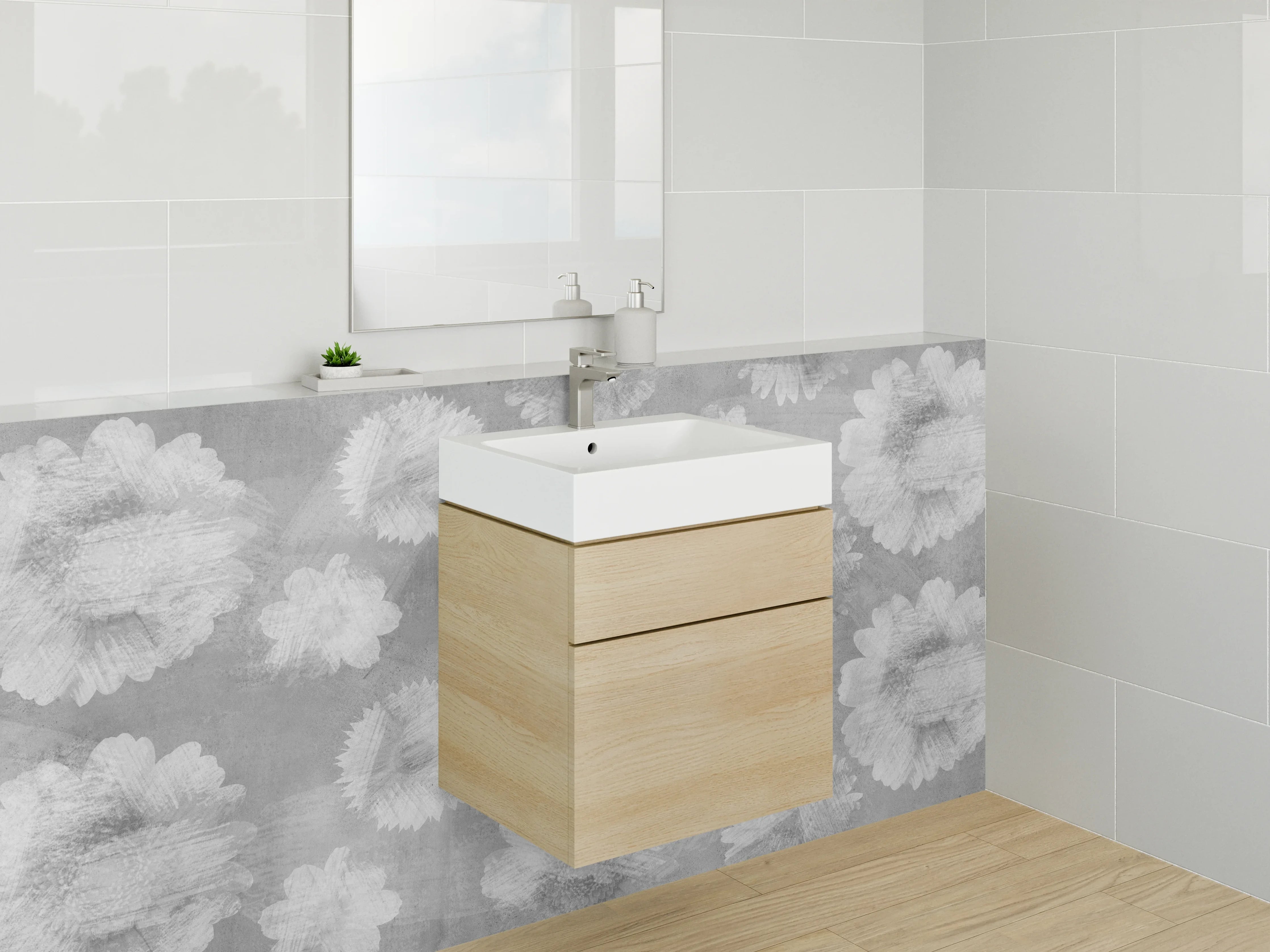 Waschbecken-Rückwand - Schwarz-weiße Aquarell-Blumenmuster Fliesen-Design