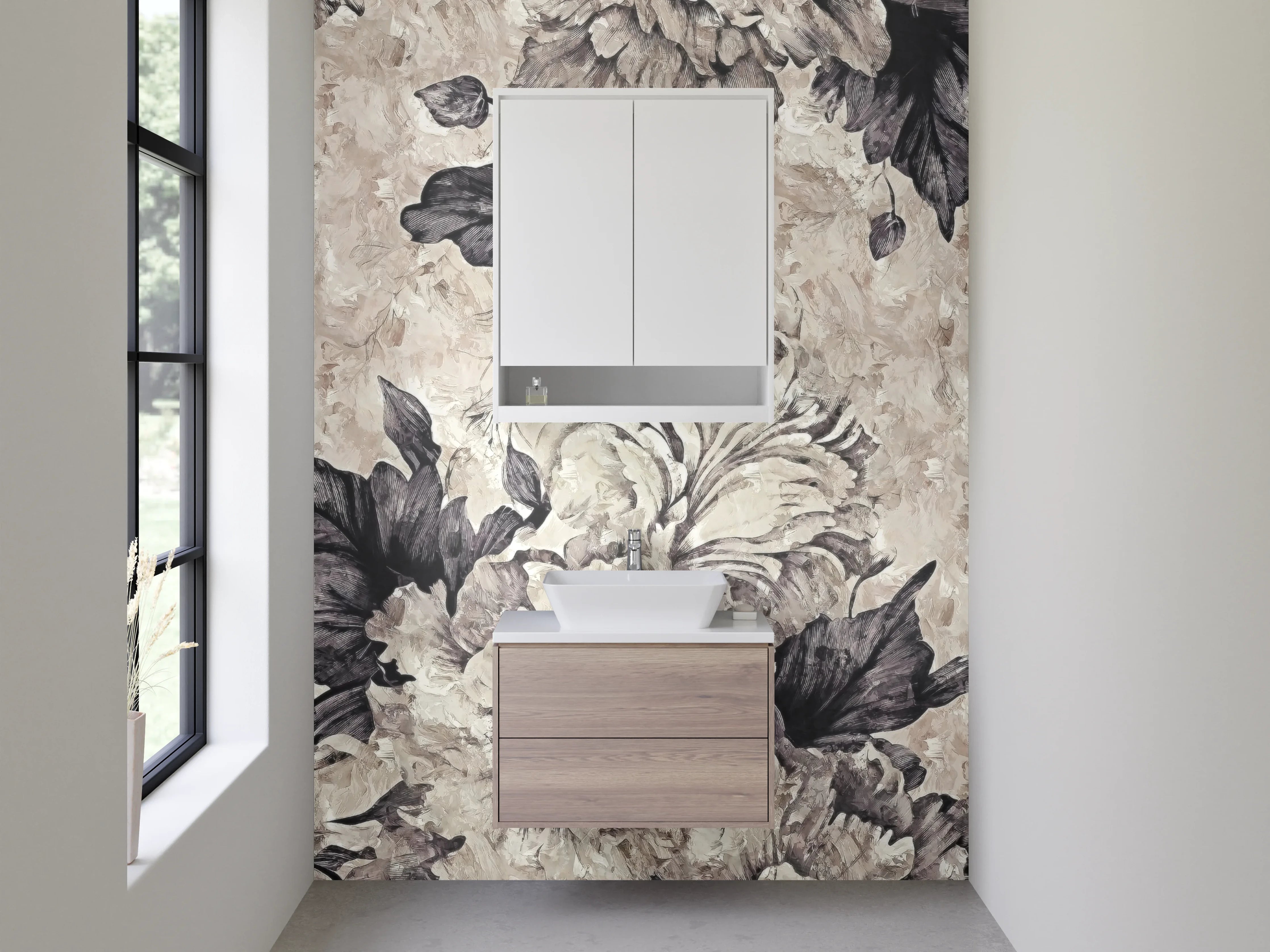 Waschbecken-Rückwand - Schwarz-weiße Blumenmalerei elegant