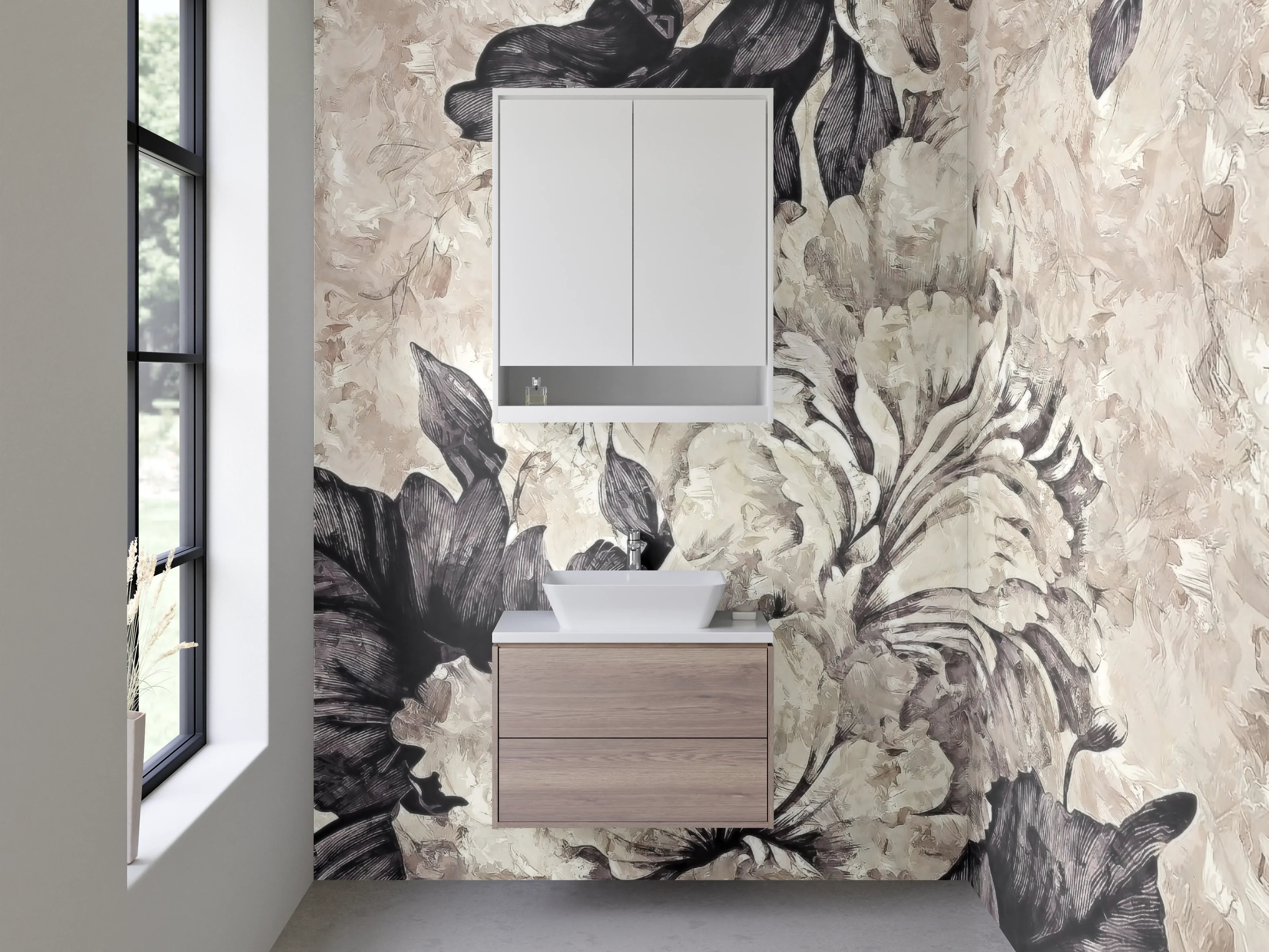 Waschbecken-Rückwand - Schwarz-weiße Blumenmalerei elegant