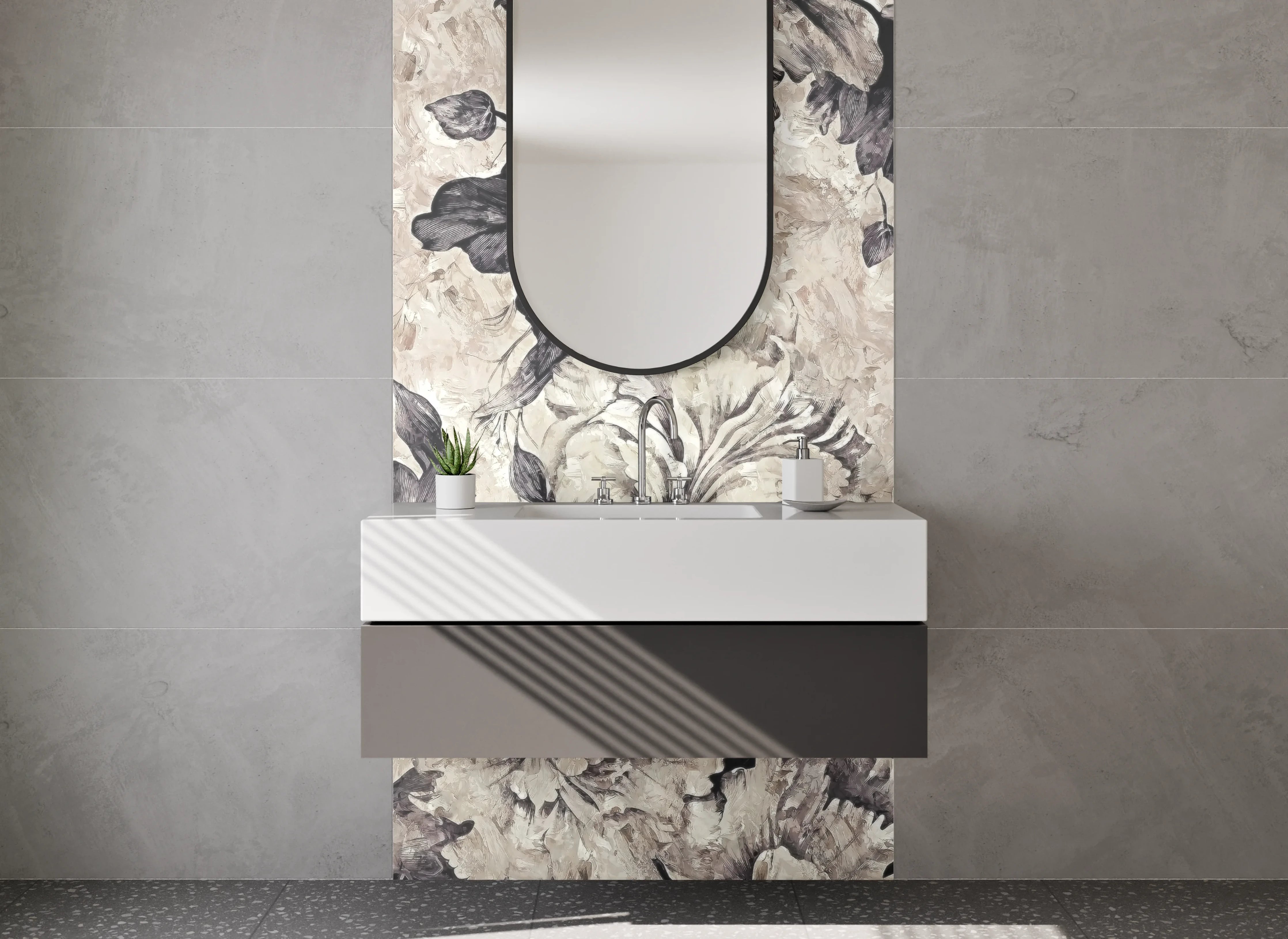 Waschbecken-Rückwand - Schwarz-weiße Blumenmalerei elegant