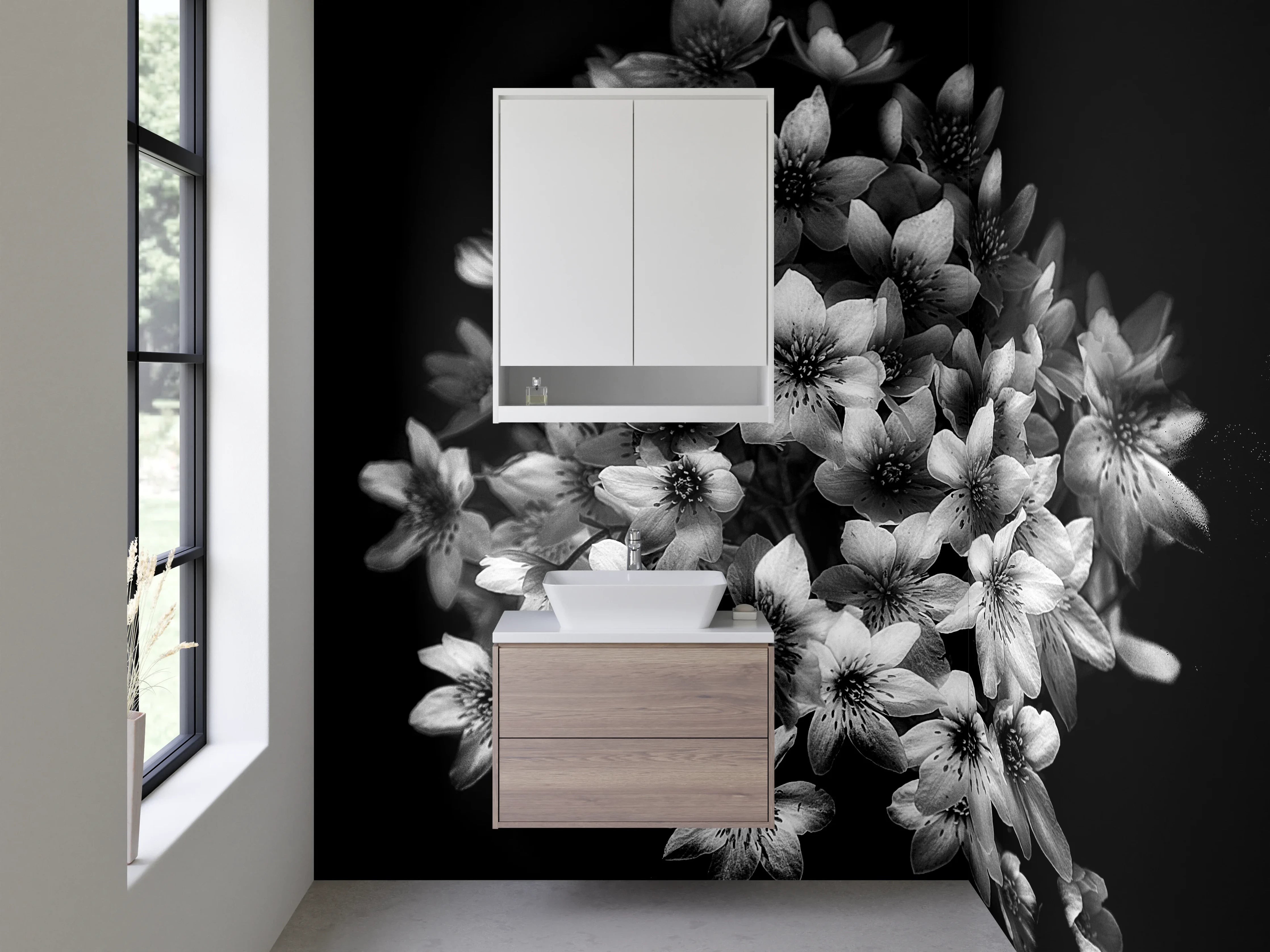 Waschbecken-Rückwand - Schwarz-weiße Blumenpracht Illustration