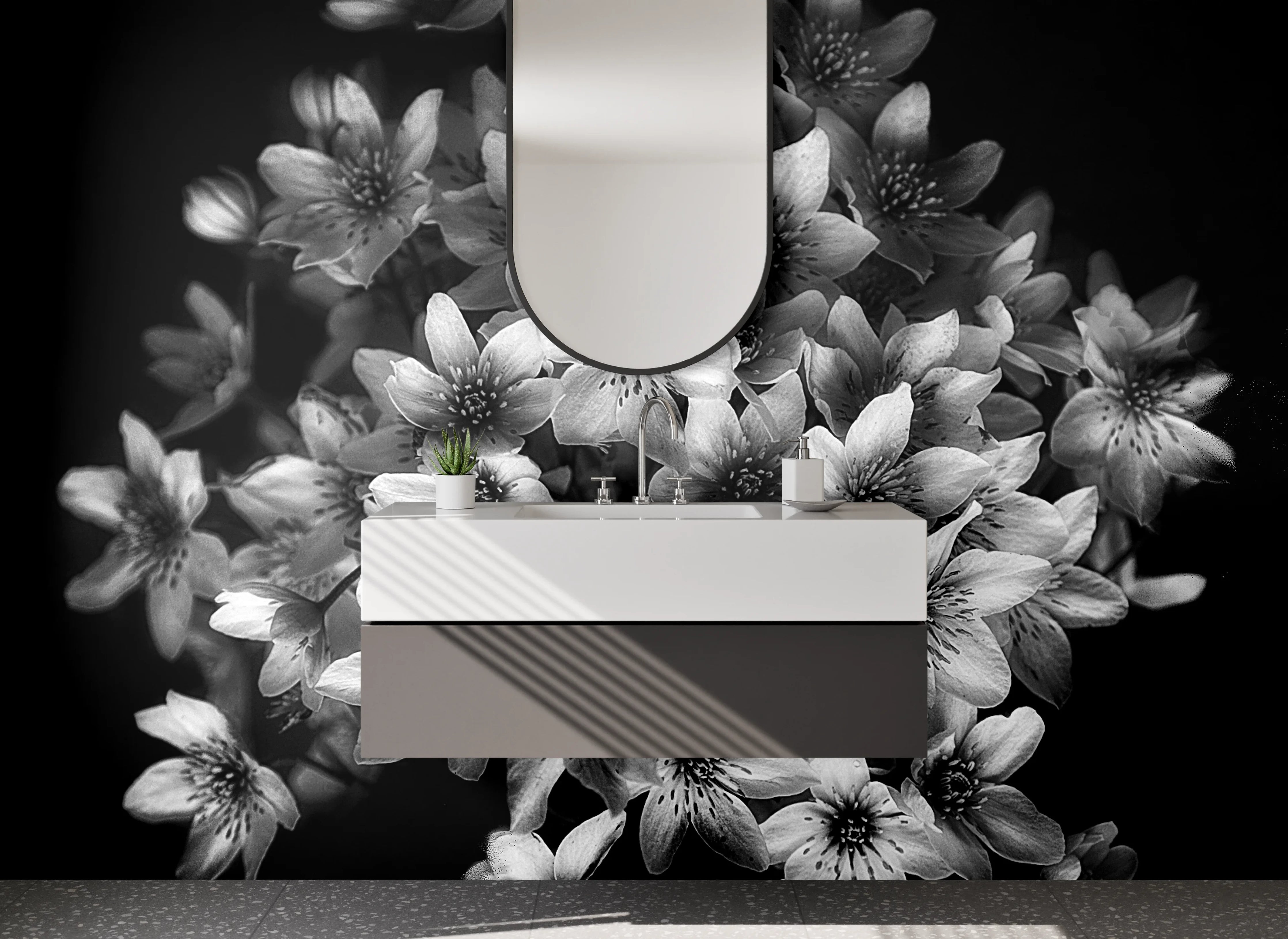 Waschbecken-Rückwand - Schwarz-weiße Blumenpracht Illustration