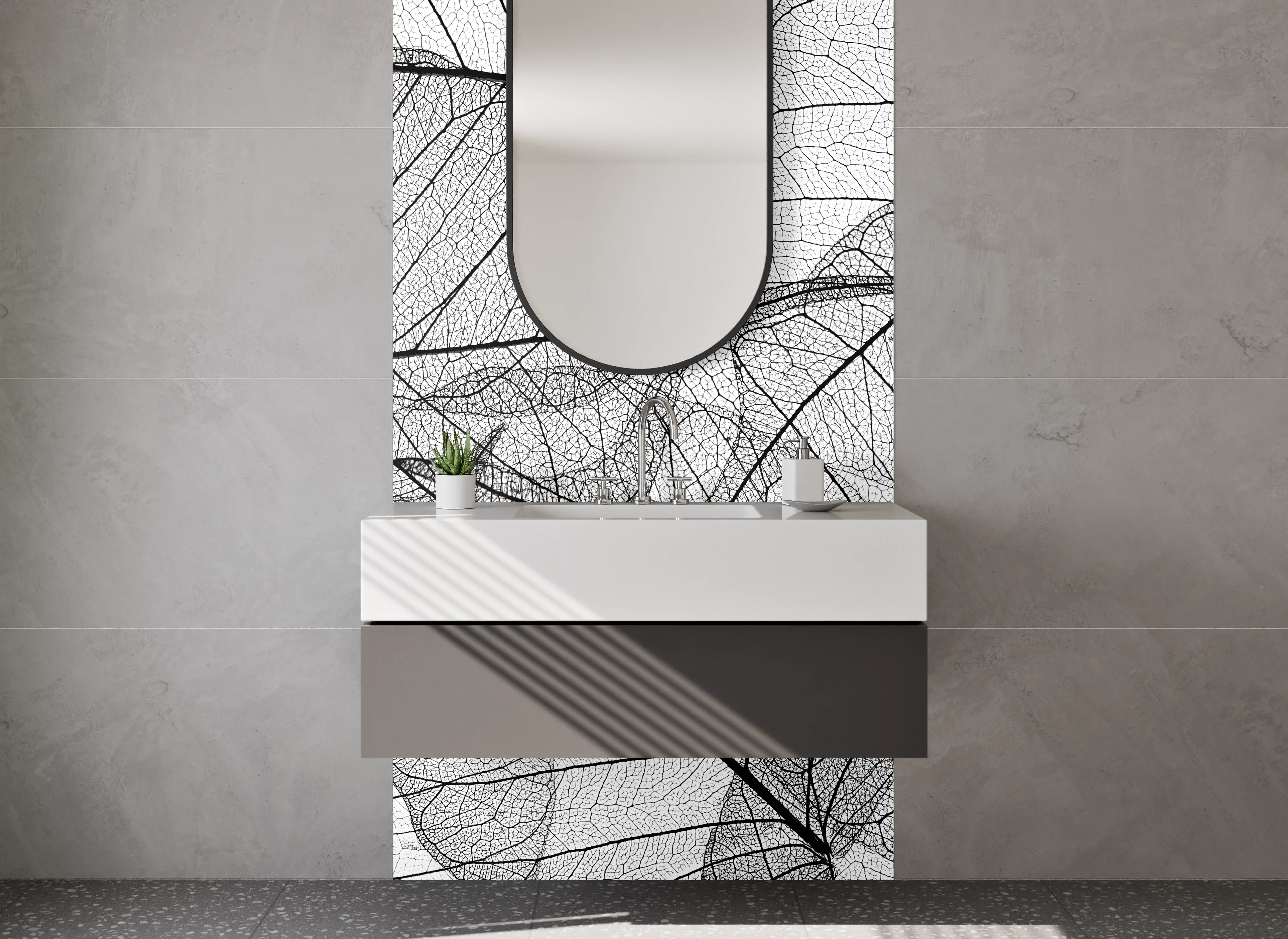 Waschbecken-Rückwand - Schwarz-weiße Linien Blattstruktur Design