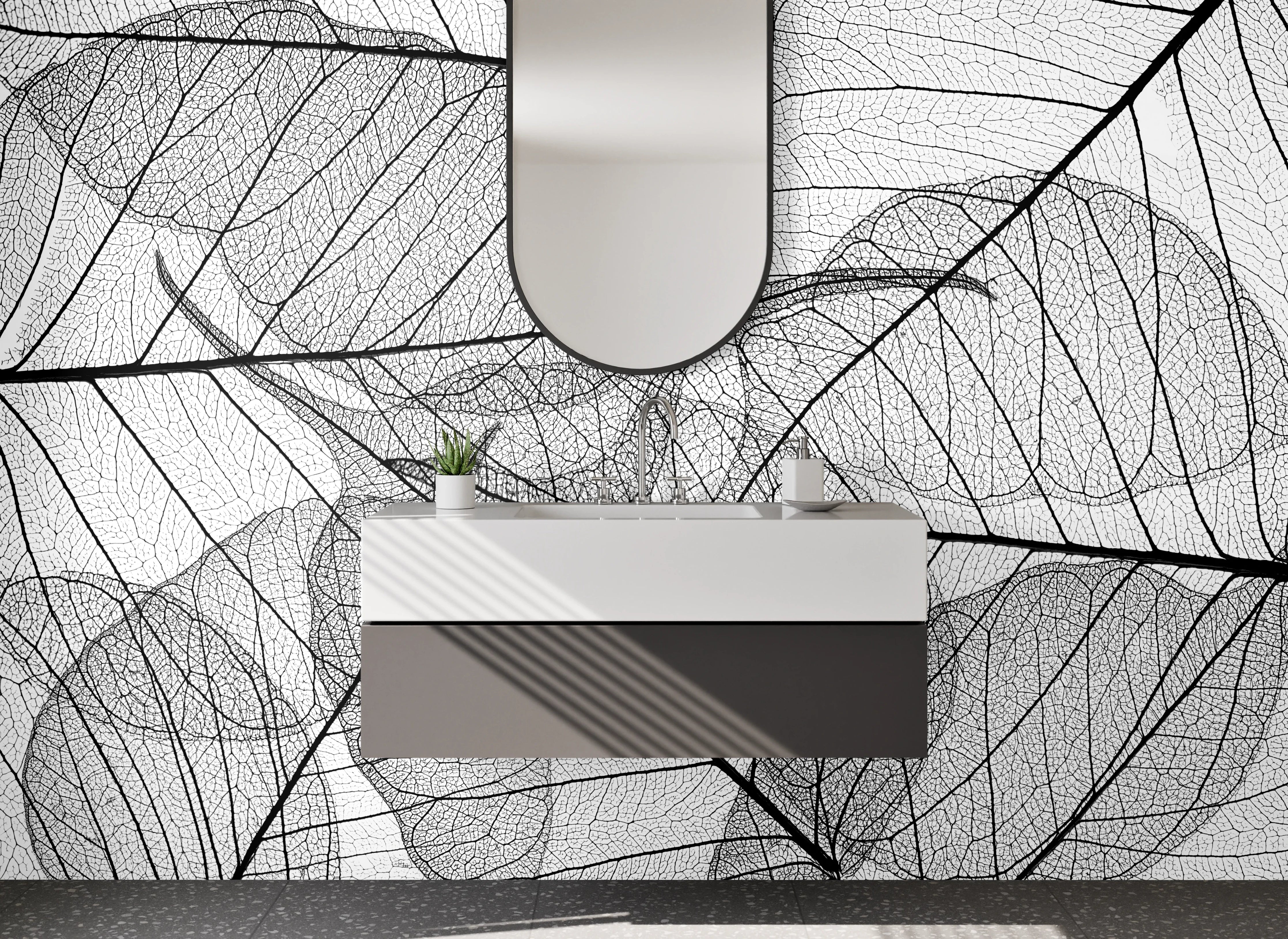 Waschbecken-Rückwand - Schwarz-weiße Linien Blattstruktur Design