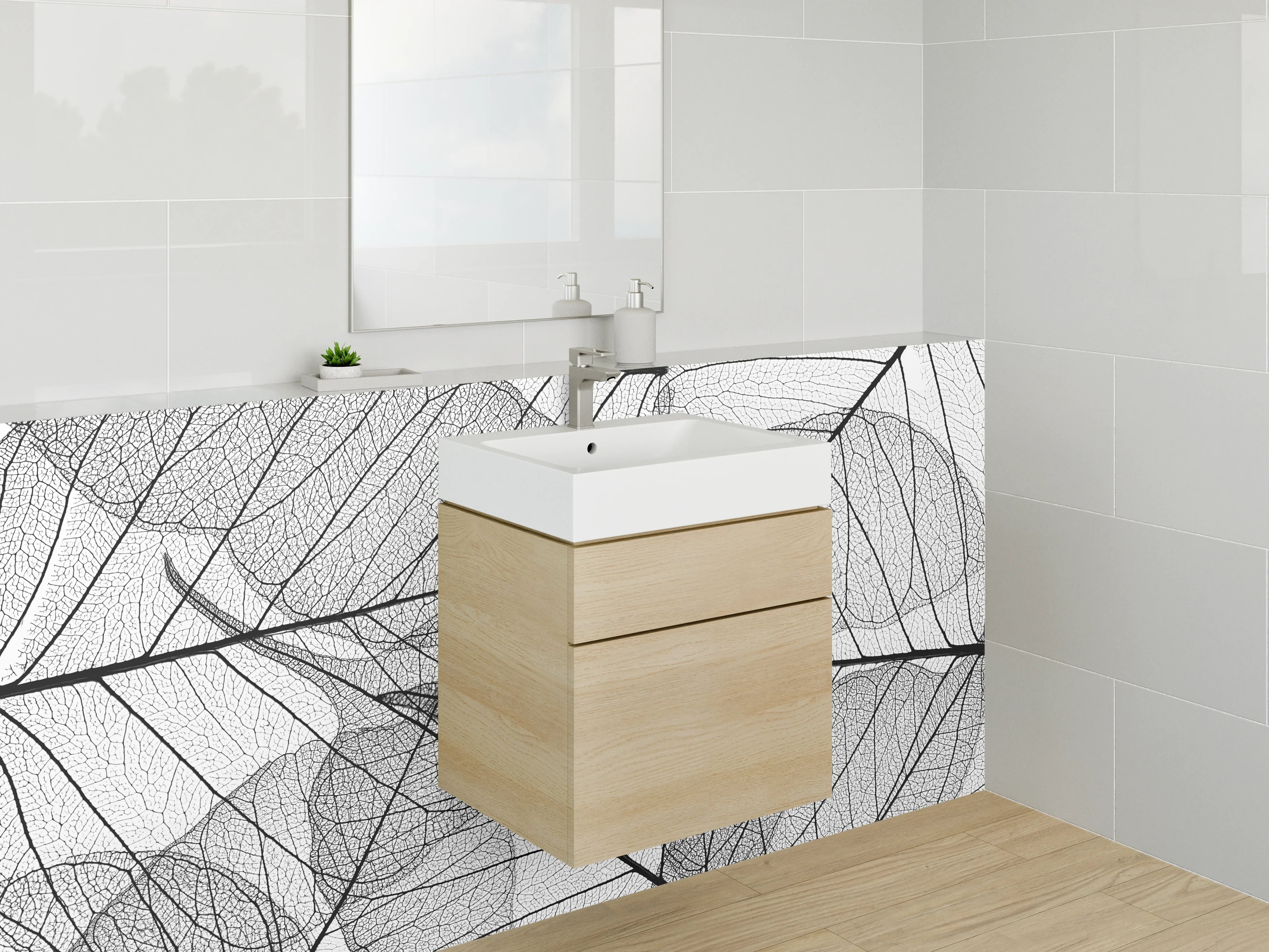 Waschbecken-Rückwand - Schwarz-weiße Linien Blattstruktur Design