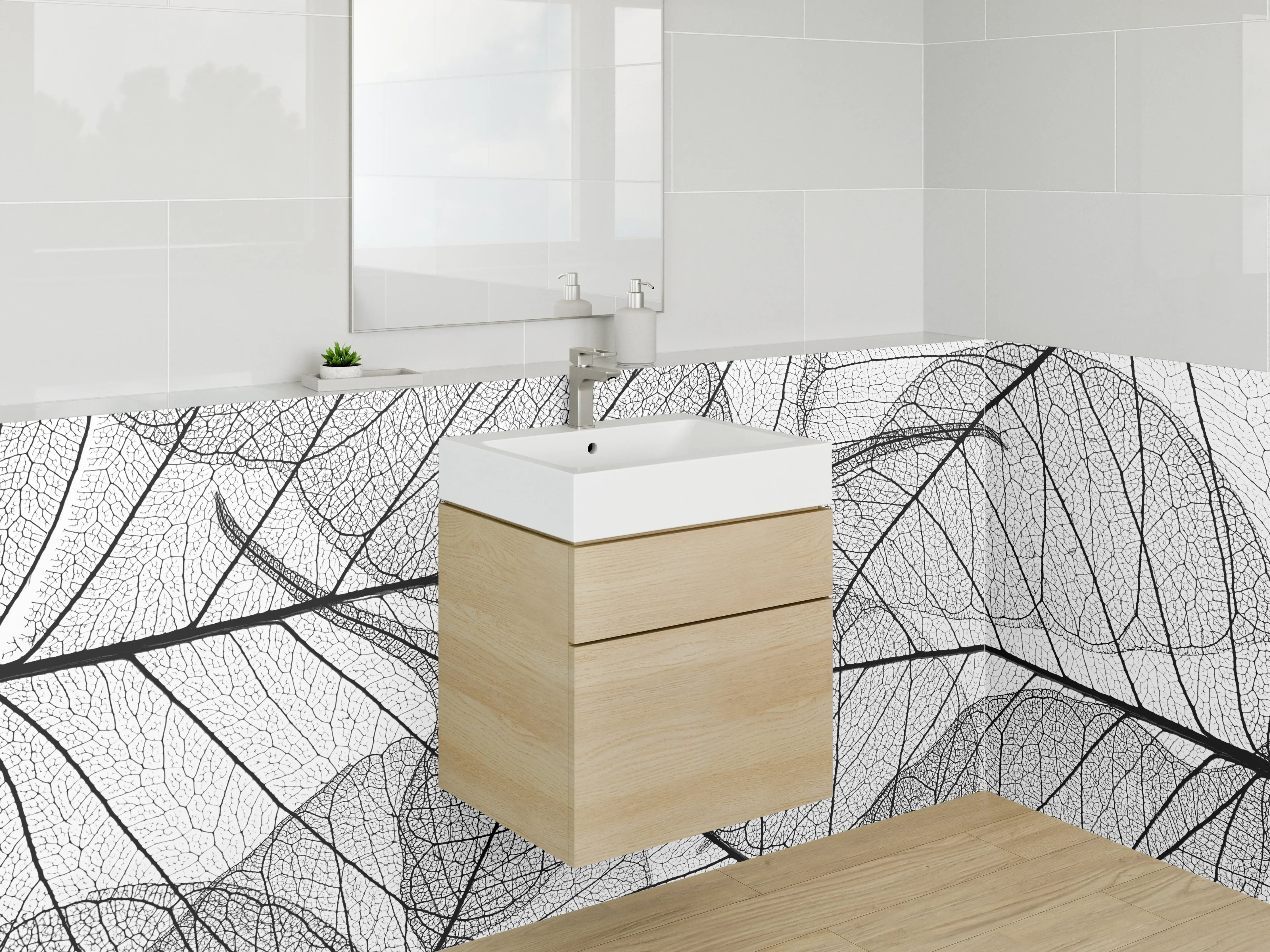 Waschbecken-Rückwand - Schwarz-weiße Linien Blattstruktur Design