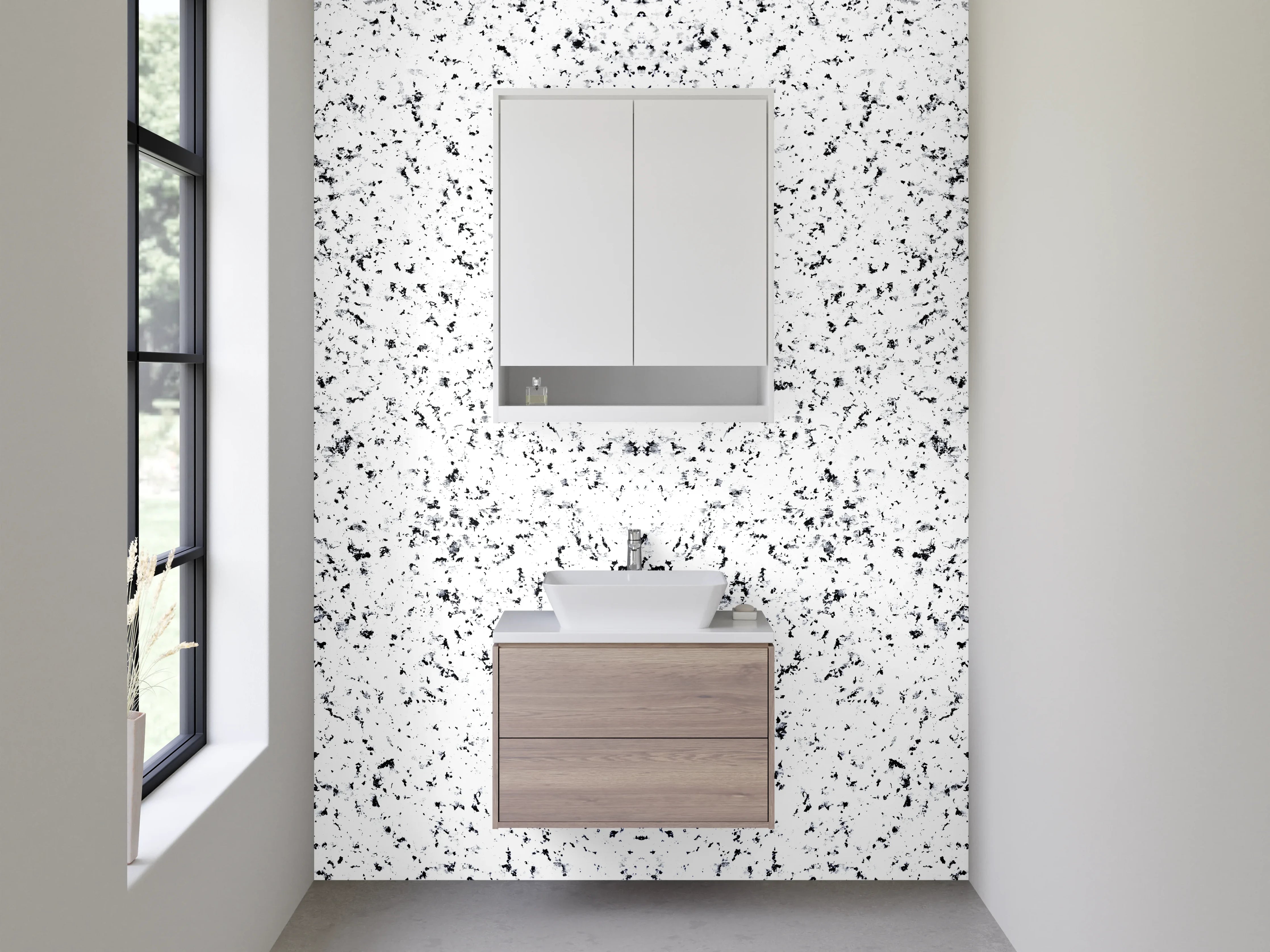 Waschbecken-Rückwand - Schwarz-weiße Sprenkel-Optik modern