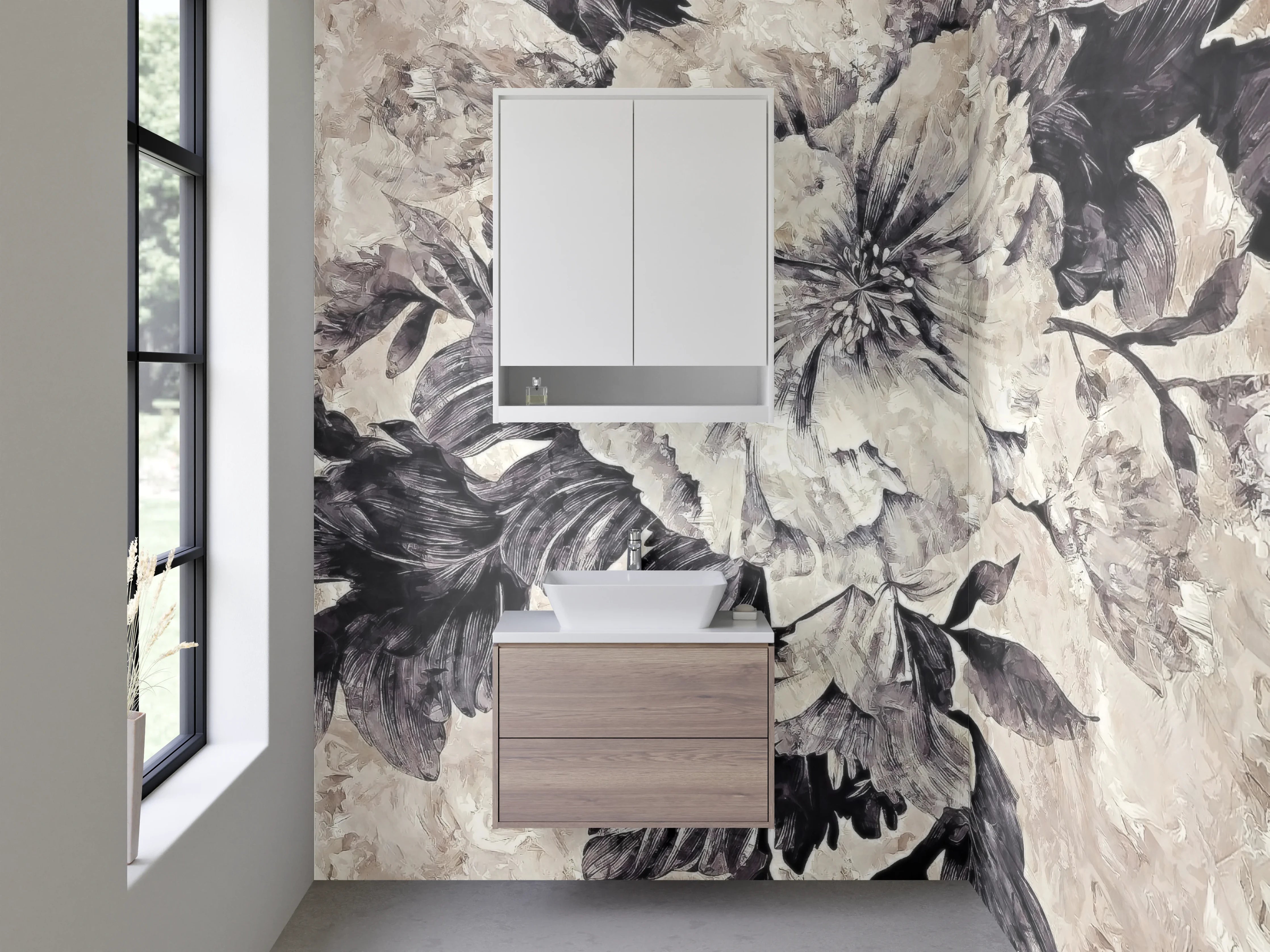 Waschbecken-Rückwand - Schwarz-weiße Vintage-Blumen Malerei