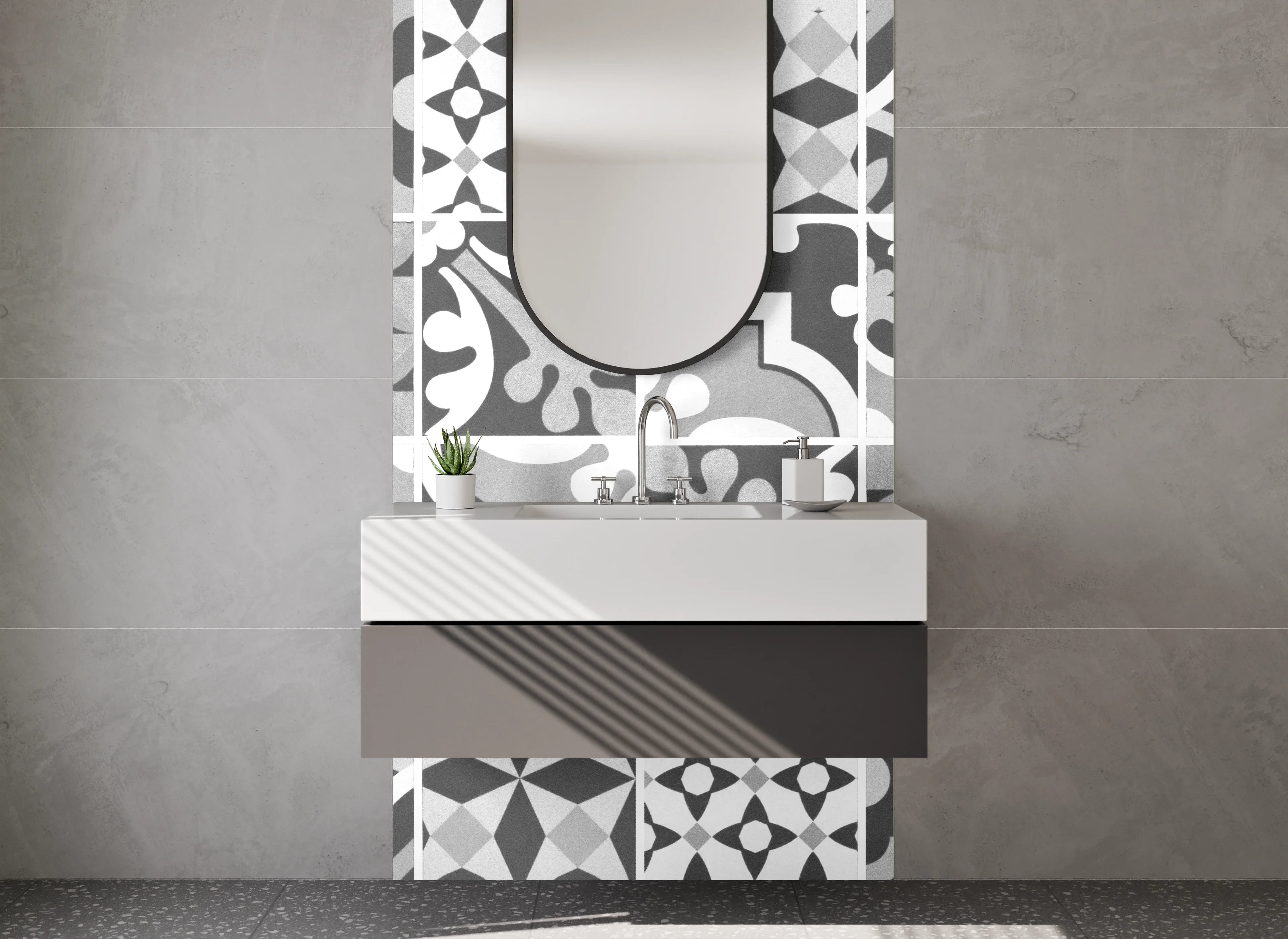 Waschbecken-Rückwand - Schwarz-weiße Vintage-Mosaik Fliesenmuster